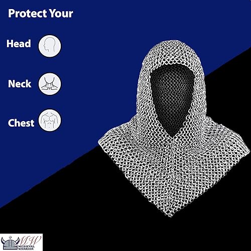 Miniatura 2 de Medieval Warrior Chainmail Coif Armadura, acero ennegrecido con bordes de acero brillante, 18.75 pulgadas, Negro -