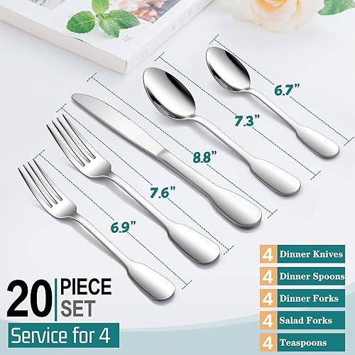 Miniatura 2 de E-far - Juego de cubiertos 1810, juego de cubiertos de acero inoxidable de 20 piezas para 4, vajilla de metal para el hogar, restaurante, boda,