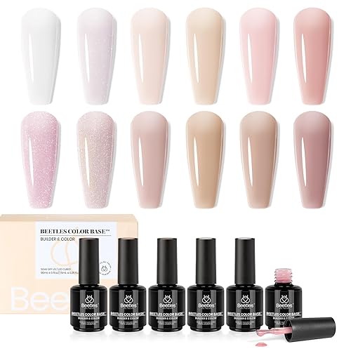 Beetles - Esmalte de gel con base de goma de 12 colores, esmalte de uñas de gel color nude, 5 en 1, muñeca de porcelana nude, fortalecedor rosa,