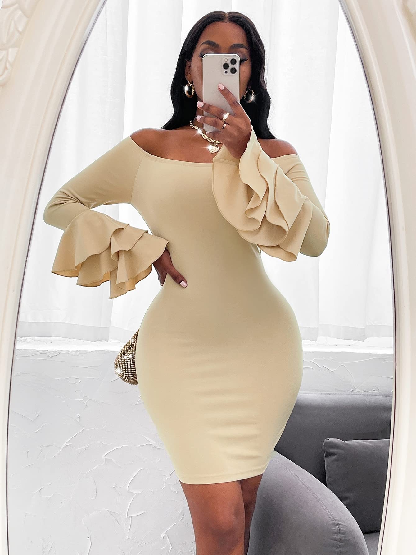 Amazon.com: Women's Dresses Off Shoulder Layered Sleeve Bodycon Dress Dress  for Women(Apricot,Medium) : Clothing, Shoes & Jewelry