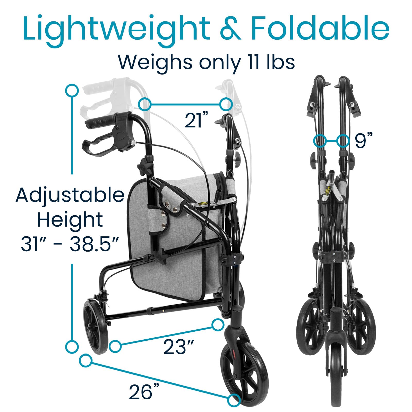 Vive Mobility Caminante de 3 ruedas - Ligero y plegable para personas mayores, hombres, mujeres - Plegable resistente Tri-ruedas para uso en interiores y exteriores (negro)