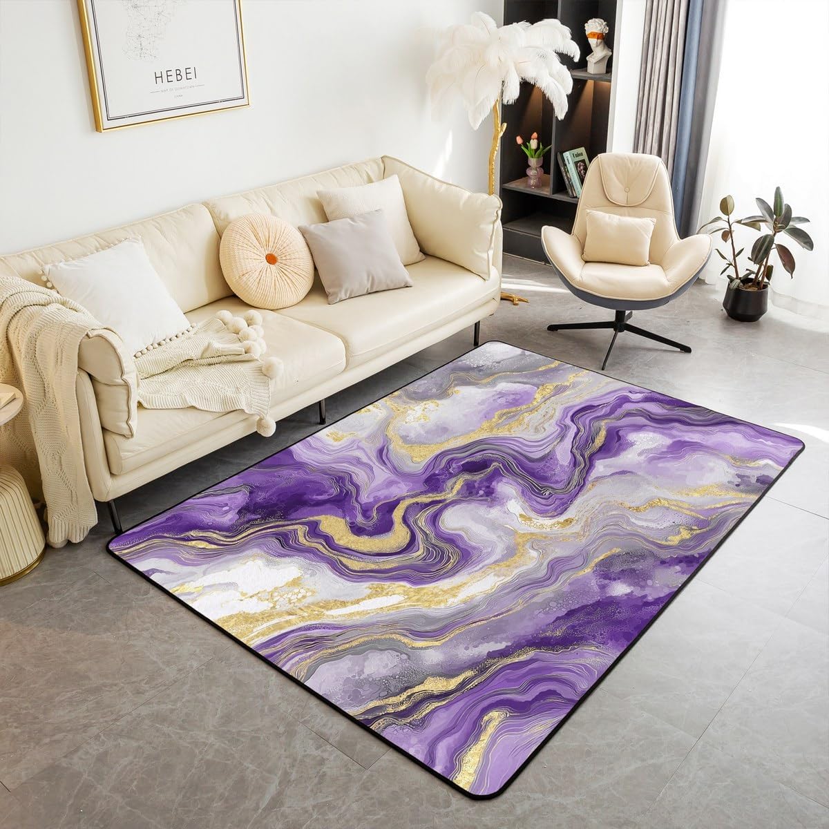 Marble Vein 5x7 Large Area Rug, Purple Gradient Tie Dye Living Room Rug, Minimalist Ink Fluid Art Rugs for Bedroom Abstract Marble Texture Design Indoor Floor Mat, Glitter Effect Is Printed