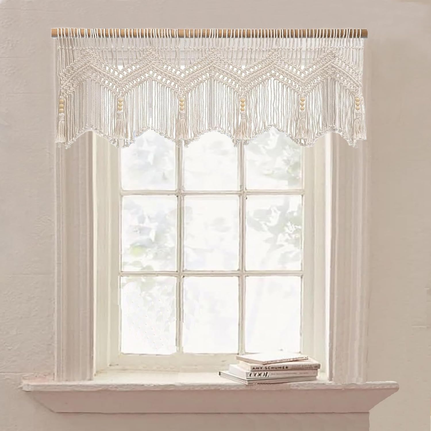 Achart Macrame Doorway Curtains Wall Hanging Window Curtain Panels Closet Room Divider Boho Wedding Decor Backdrop Macrame Valance Boho Kitchen Valance (Ivory White, 52''W x 21.6''H)