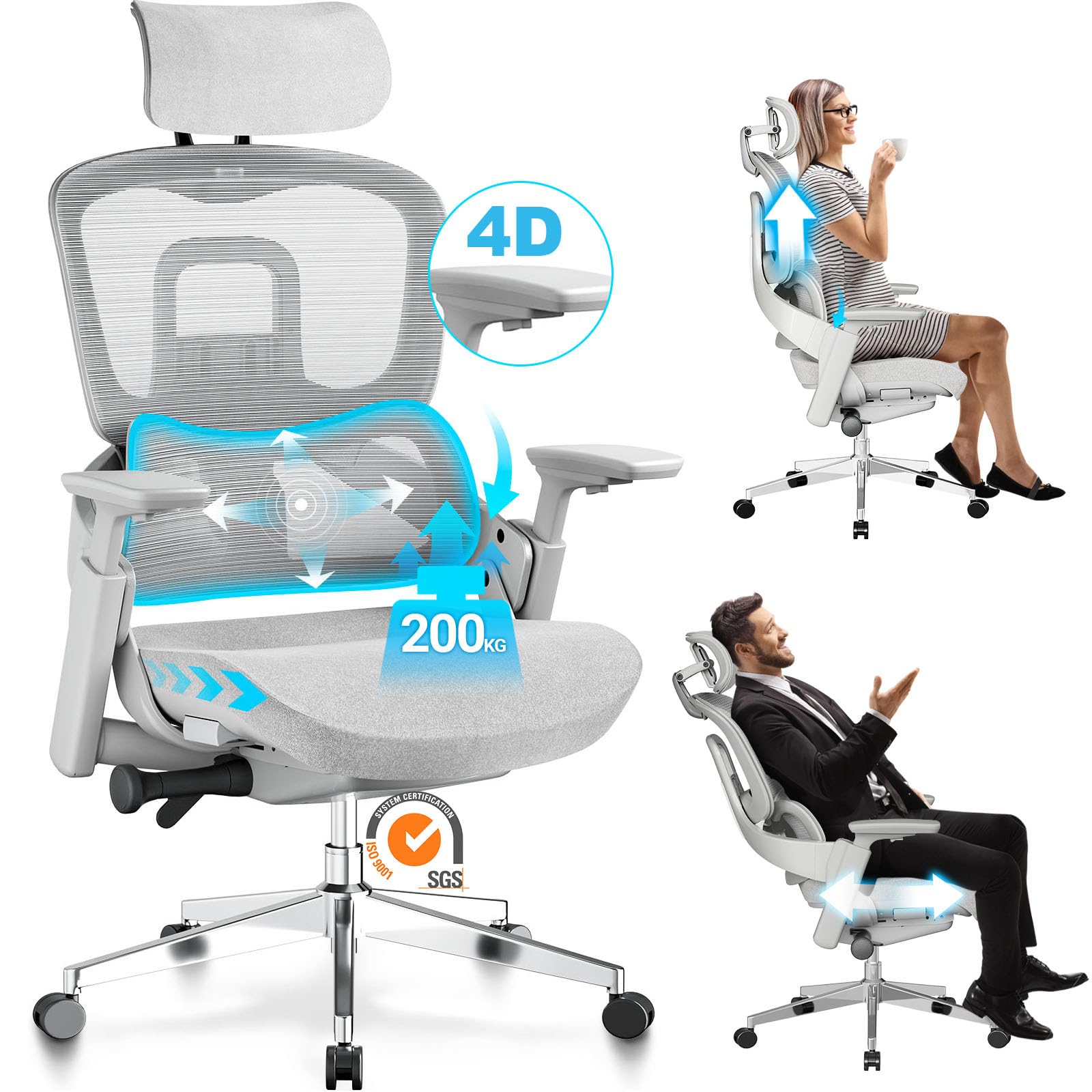 MELOKEAOffice Chair Back Height Seat Depth Adjustable 3D Headrest 4D  Armrest 200kg/440LBS Antibacterial Latex Ergonomic Heavy Duty Desk Chair