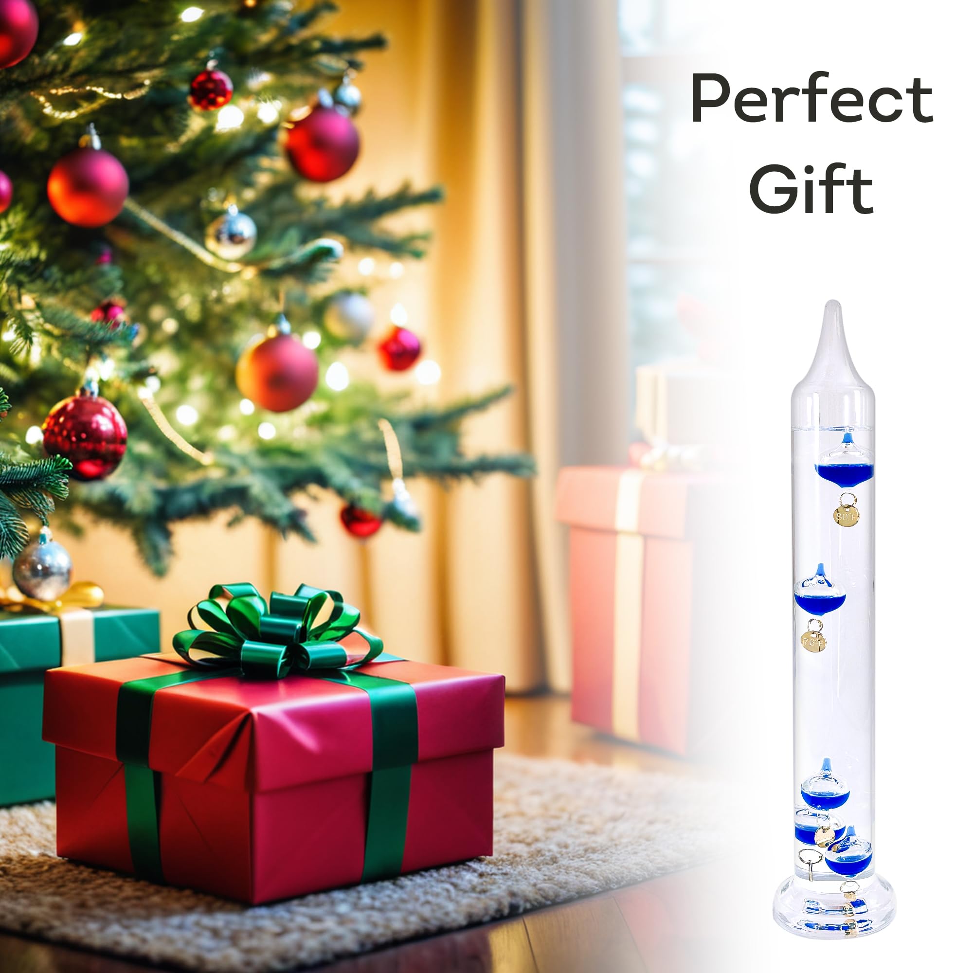 Lily's Home Termometro Galileo in vetro blu da 28 cm con etichette dorate da 64ºF a 80ºF, regalo ideale per amici e familiari, decorazione per interni ed esterni