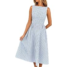 Summer Striped Midi Dresses for Women - Sleeveless Knee Length Sundress Crew Neck Casual Dress Vacation Outfits
