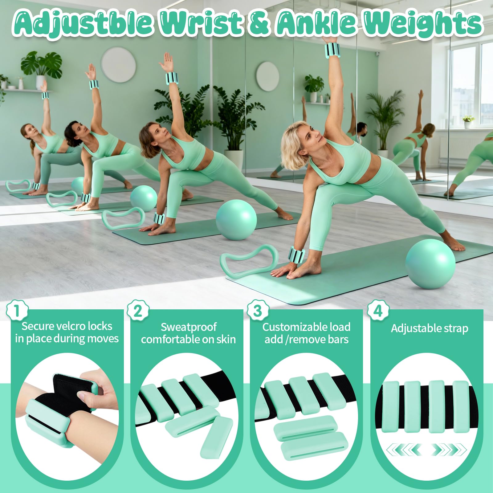 Kit Pilates Maison Complet, Anneau de Pilate 14 Pouces, Ballon Pilate, Poids Poignet et Poids Cheville réglables, Bande Élastique Musculation pour Jambe et Traction, Accessoires pour Femme
