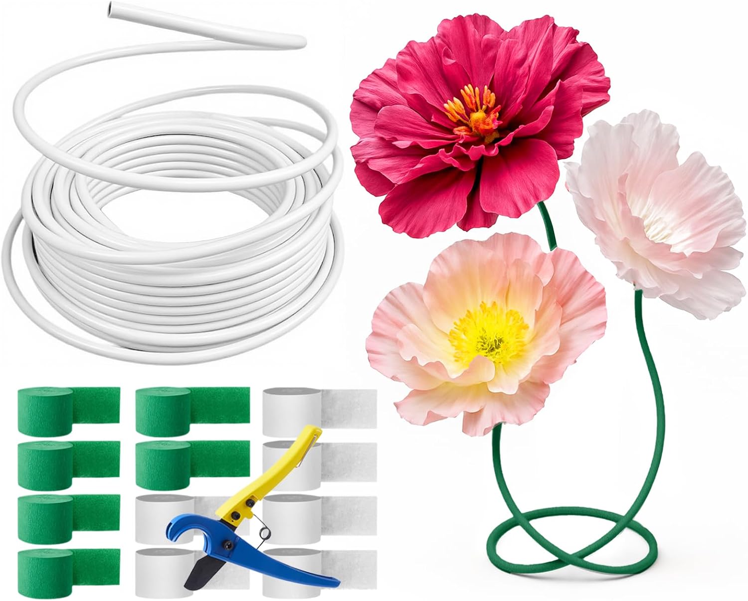 Moxweyeni 66 ft Flexible PVC Tubing for Artificial Flowers, 16 mm Pipe Stem Tubing for Fake Flowers with Tube Cutter 12 White and Green Crepe Paper for Floral Arrangement Wedding Decor DIY Arts Craft White and Dark Green