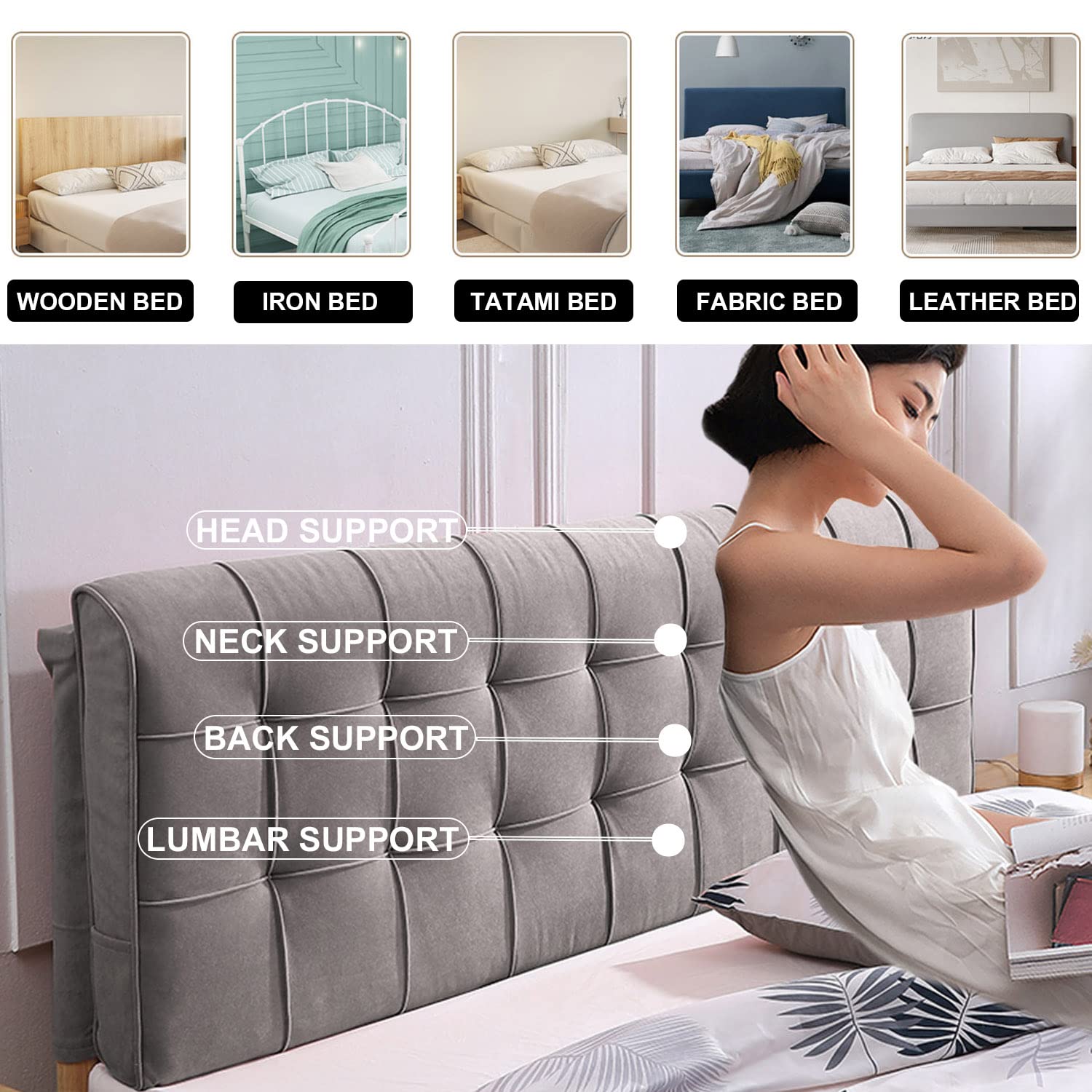 Cojín tapizado de terciopelo gris de gran tamaño extraíble para respaldo de cama, funda de color sólido, cabecero de 59 pulgadas incluido