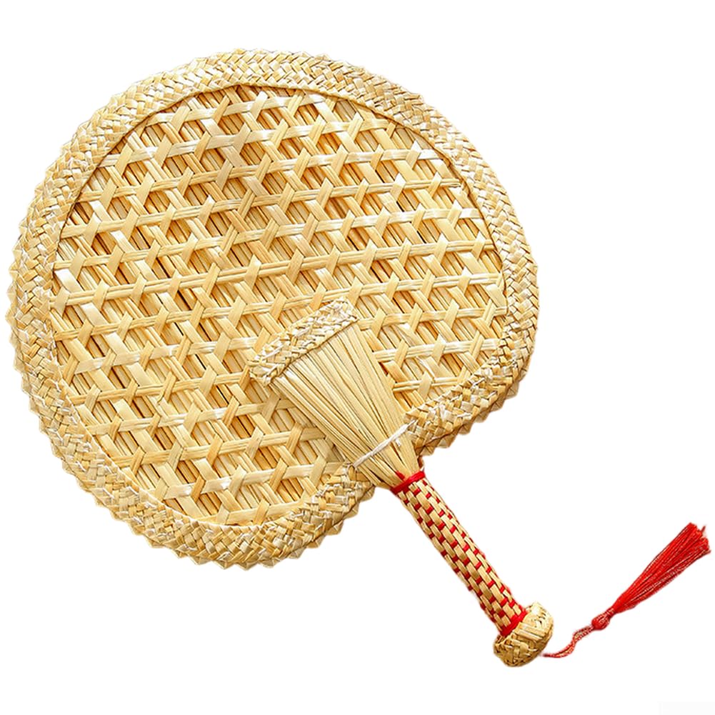Ventaglio in paglia di grano, fatto a mano, decorazione in stile cinese, beige naturale, ventilatore estivo portatile, 38 x 28 cm, palmo, rotondo, per ventaglio a foglia, traspirante
