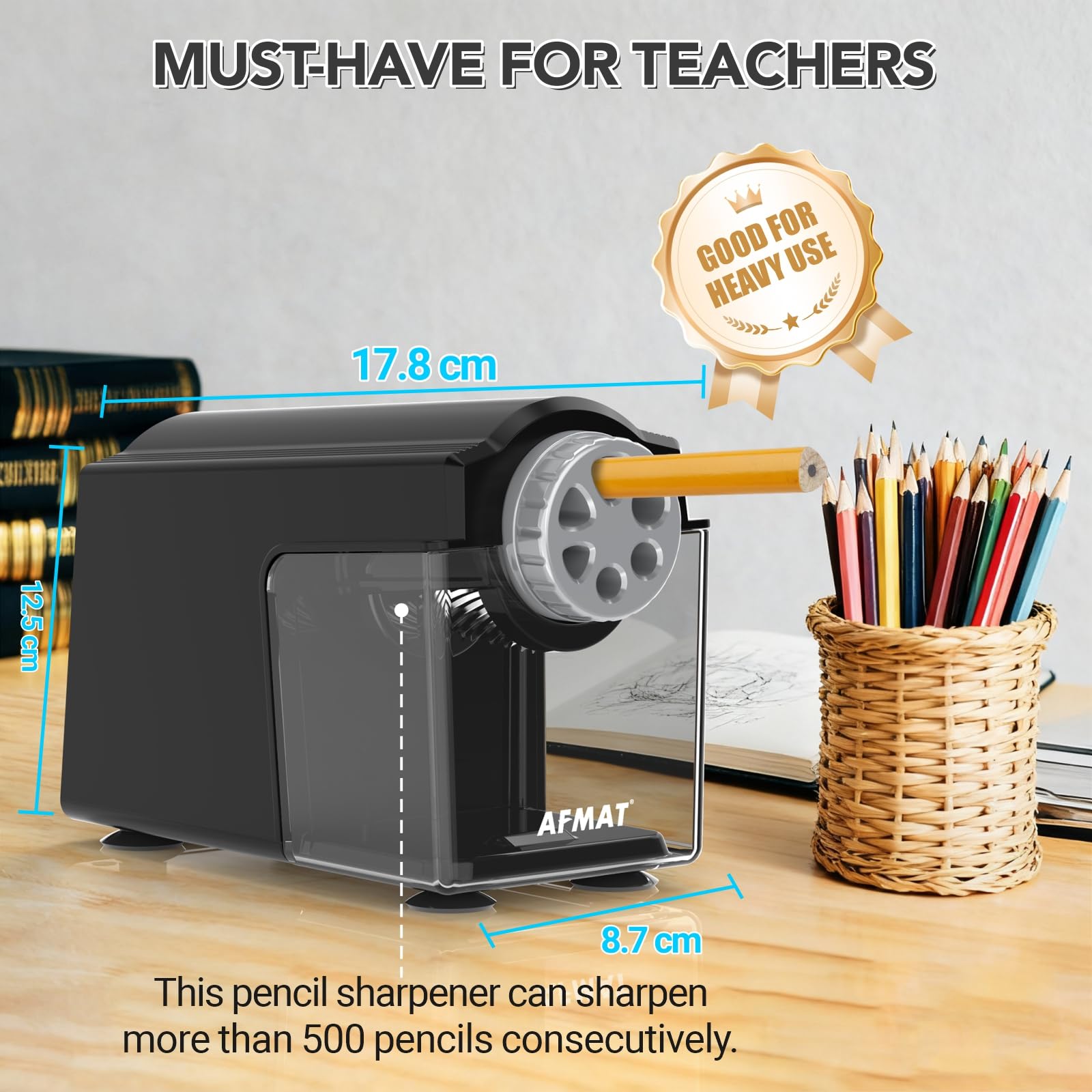 AFMAT Sacapuntas eléctrico, 6 orificios, sacapuntas eléctrico con recipiente para 6-11 mm, recargable por USB, de alto rendimiento, robusto, eléctrico para aula, escuela, hogar, oficina, negro