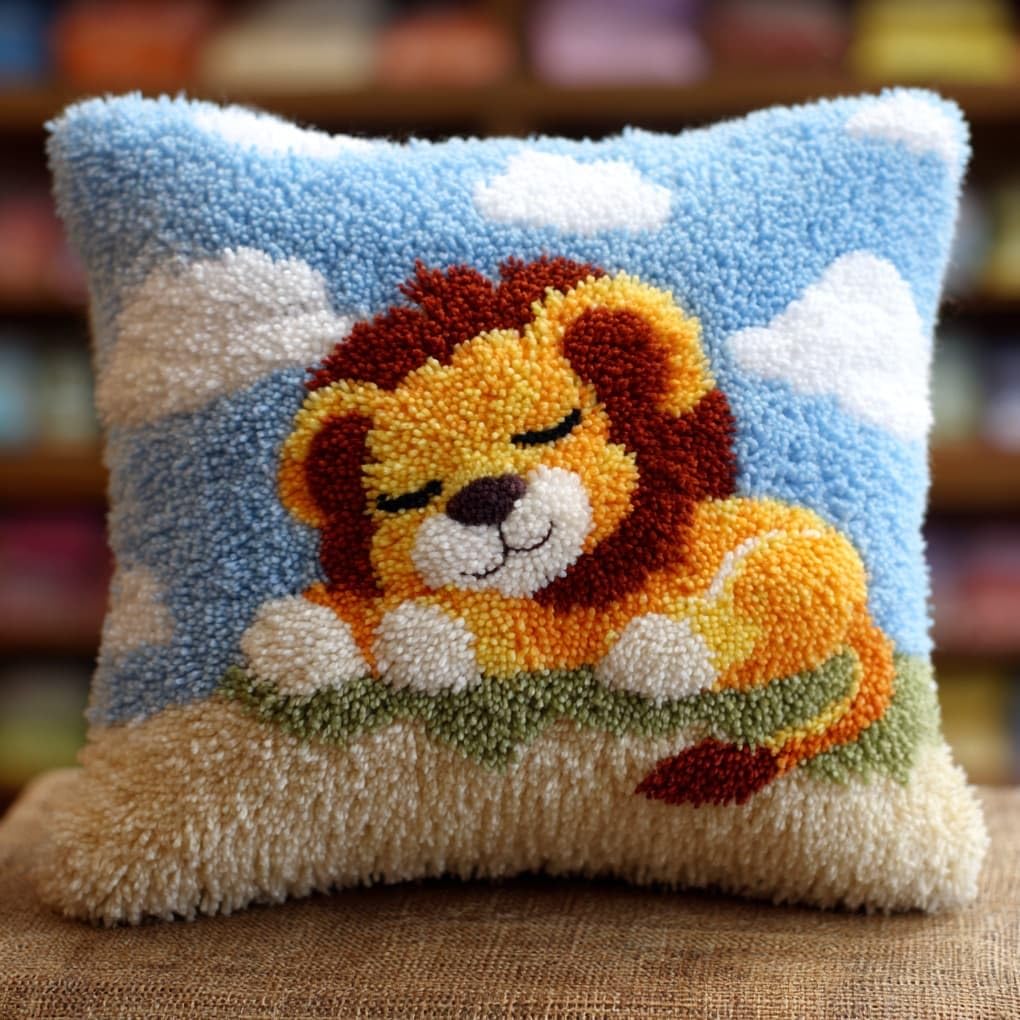 Henypt DIY Latch Hook Cushion Kit,Sleeping Lion cub 43x43cm Decorative Pillow Cover Craft Set,DIY Craft Set Perfect for Living Room & Gifting
