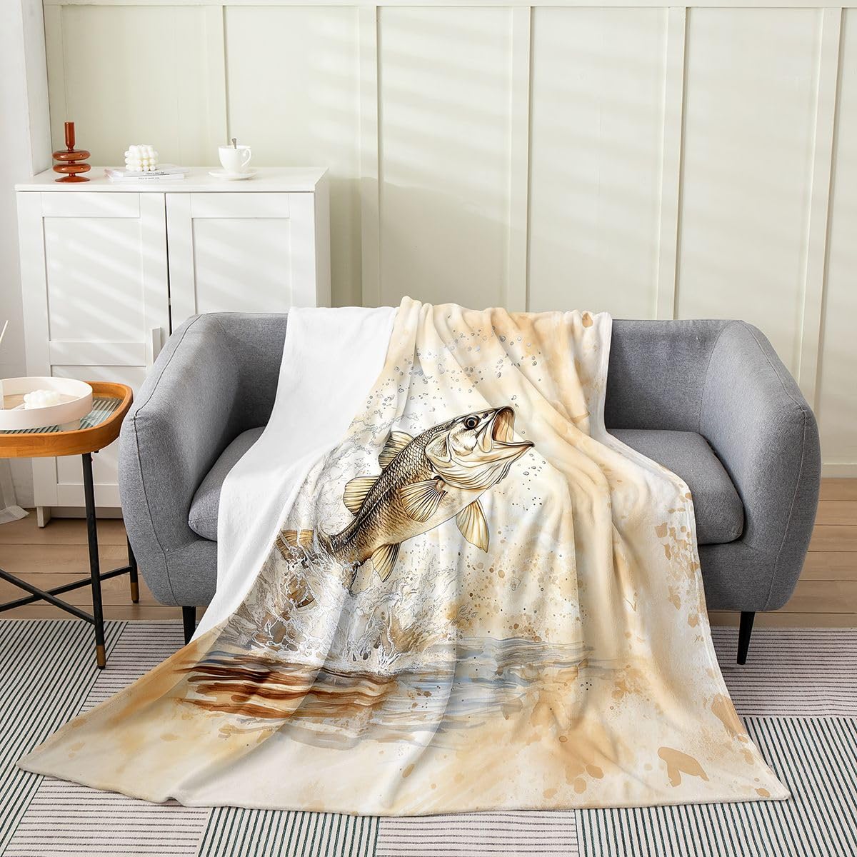 Loussiesd Szczupak ryba pluszowy koc narzuta na polowanie i wędkowanie flanelowy koc podwójny, 152 x 180 cm, ryba basowa, całoroczna, dzikie zwierzęta, na kanapę, łóżko, sofę, do sypialni, dekoracja