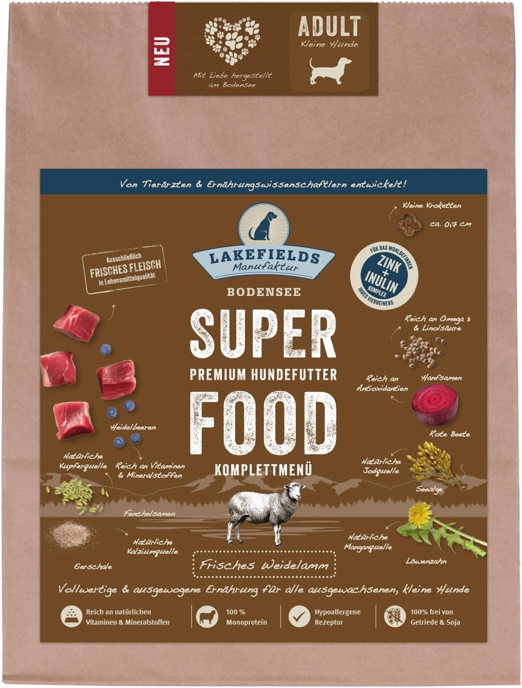 LAKEFIELDS MANUFAKTUR - SUPER Food - sucha karma dla psów premium, jagnięcina 61%, sucha karma bez zbóż dla małych dorosłych psów, uniwersalna karma z mięsem jagnięcym, wymiary: 3 x 1 kg