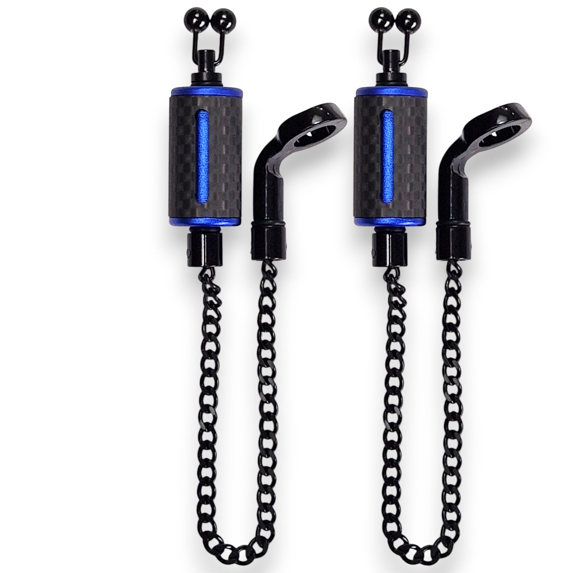 TJR Tackle 2 x Ultimate Carbon Bite Indicators bobbins with 14cm Chain, Black stainless steel ball line clips, Metal hockey sticks (Blue)
