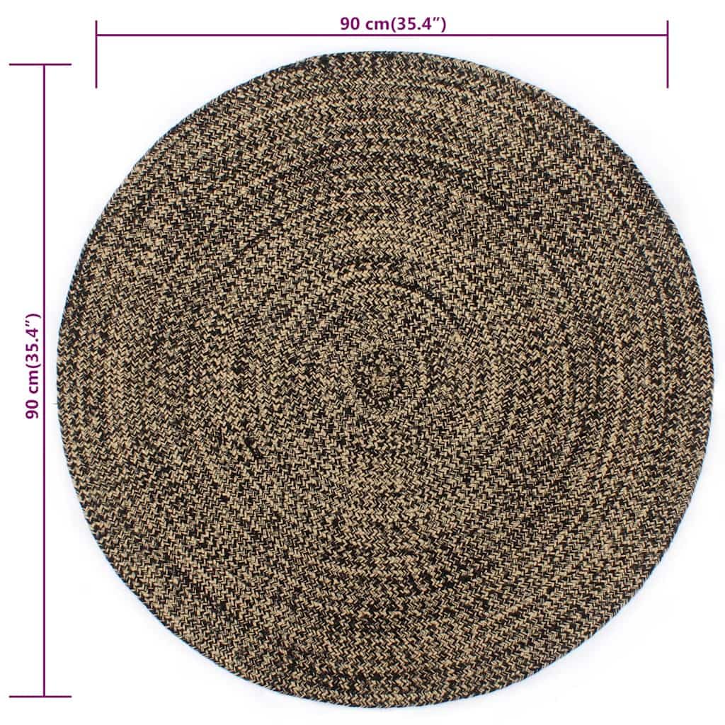 Tapis Jute Fait Main Noir Naturel 90 cm décoration Sol antidérapant Doux Moelleux Salon Chambre Cuisine intérieur extérieur