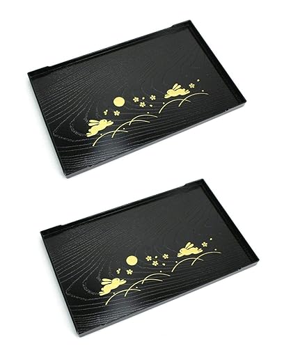 JapanBargain 2940, Set of 2 Serving Trays Japanese Plastic Lacqured Tea Trays Sake Tray Sushi Plates Snack Plates, Made in Japan,10x6.25 inch, Bunny - 10x6.25 inch-Bunny - 2.0