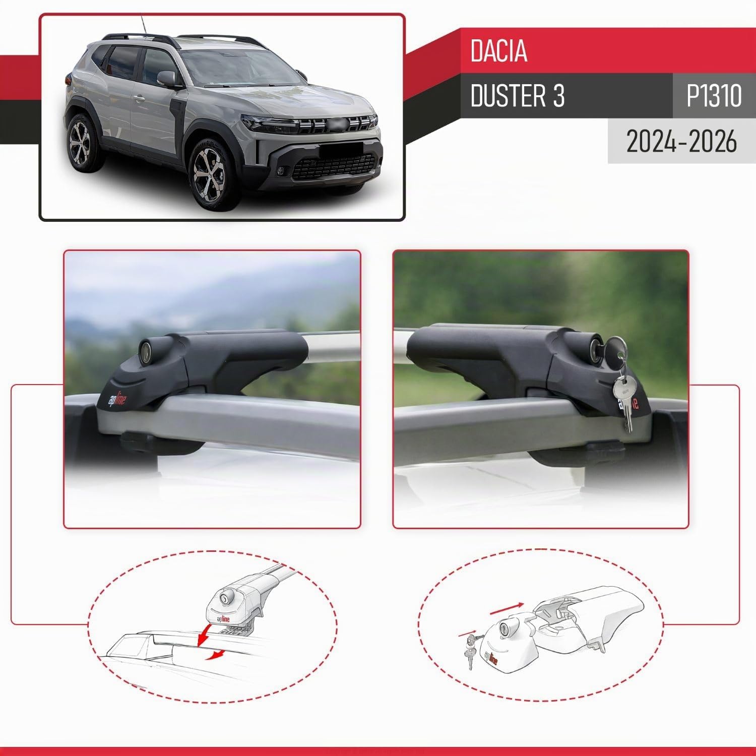 Compatible avec Dacia Duster 3 (P1310) 2024-2026 ACE-1 Barres de Toit Railing Porte-Bagages de Voiture Gris Aluminium 2 Barres