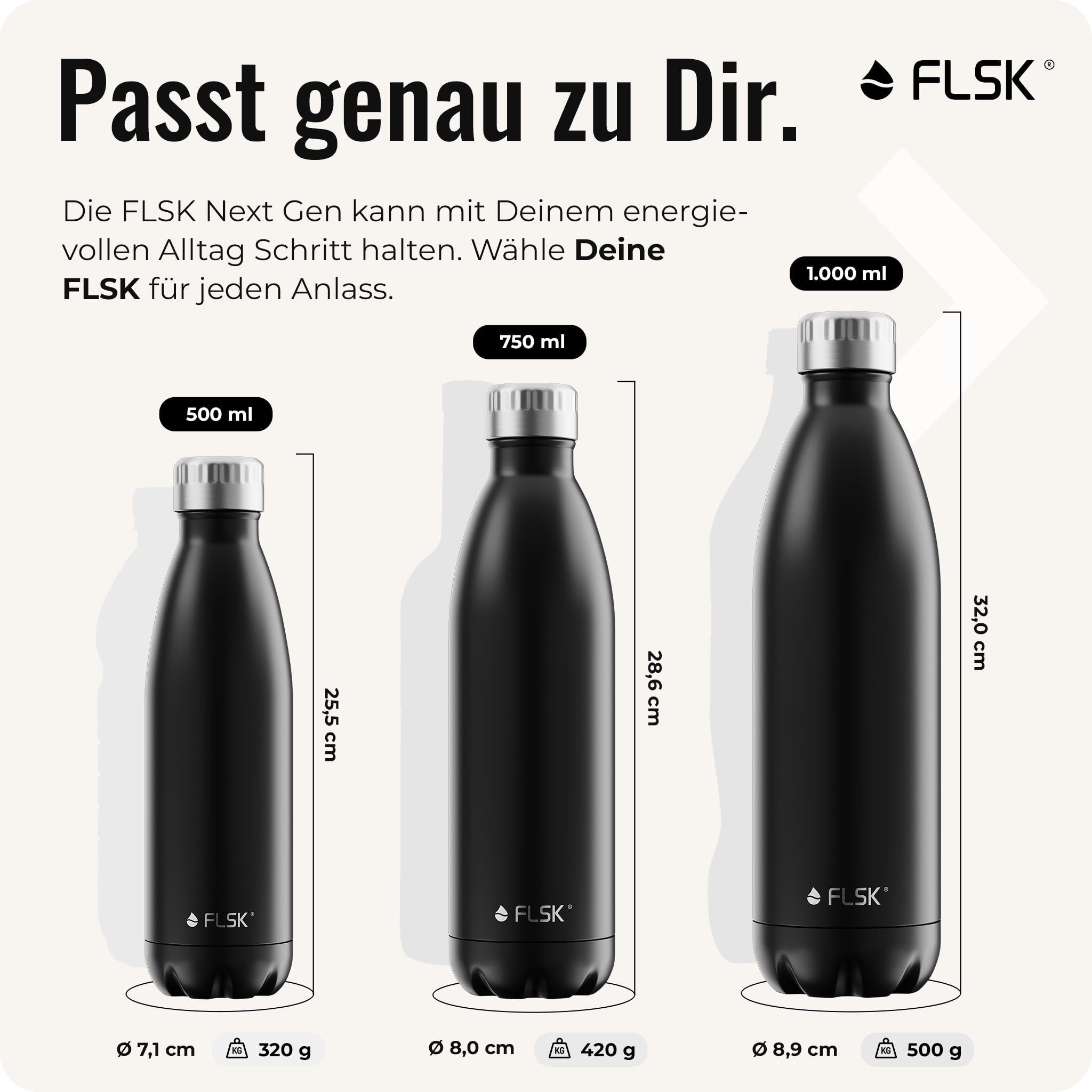 FLSK Botella de acero inoxidable Next Gen Essentials (500 ml, 750 ml, 1000 ml) – resistente, resistente al carbón y apta para lavavajillas, incluye embalaje sin árboles
