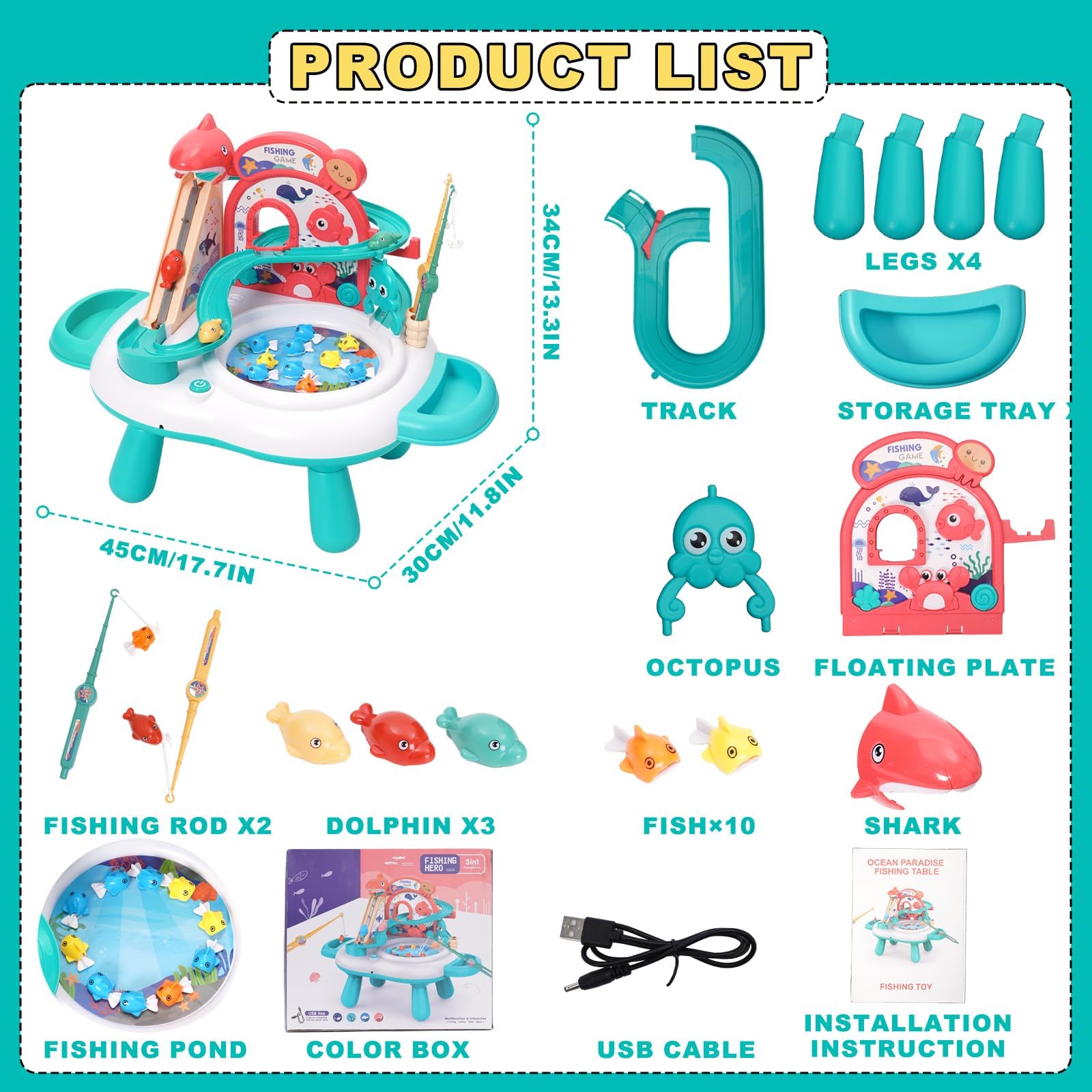 3 in 1 Kid Fishing Game Table with Race Track, Musical Fishing Toy Playset with Simulated Pond, 10 Fish - Image 2