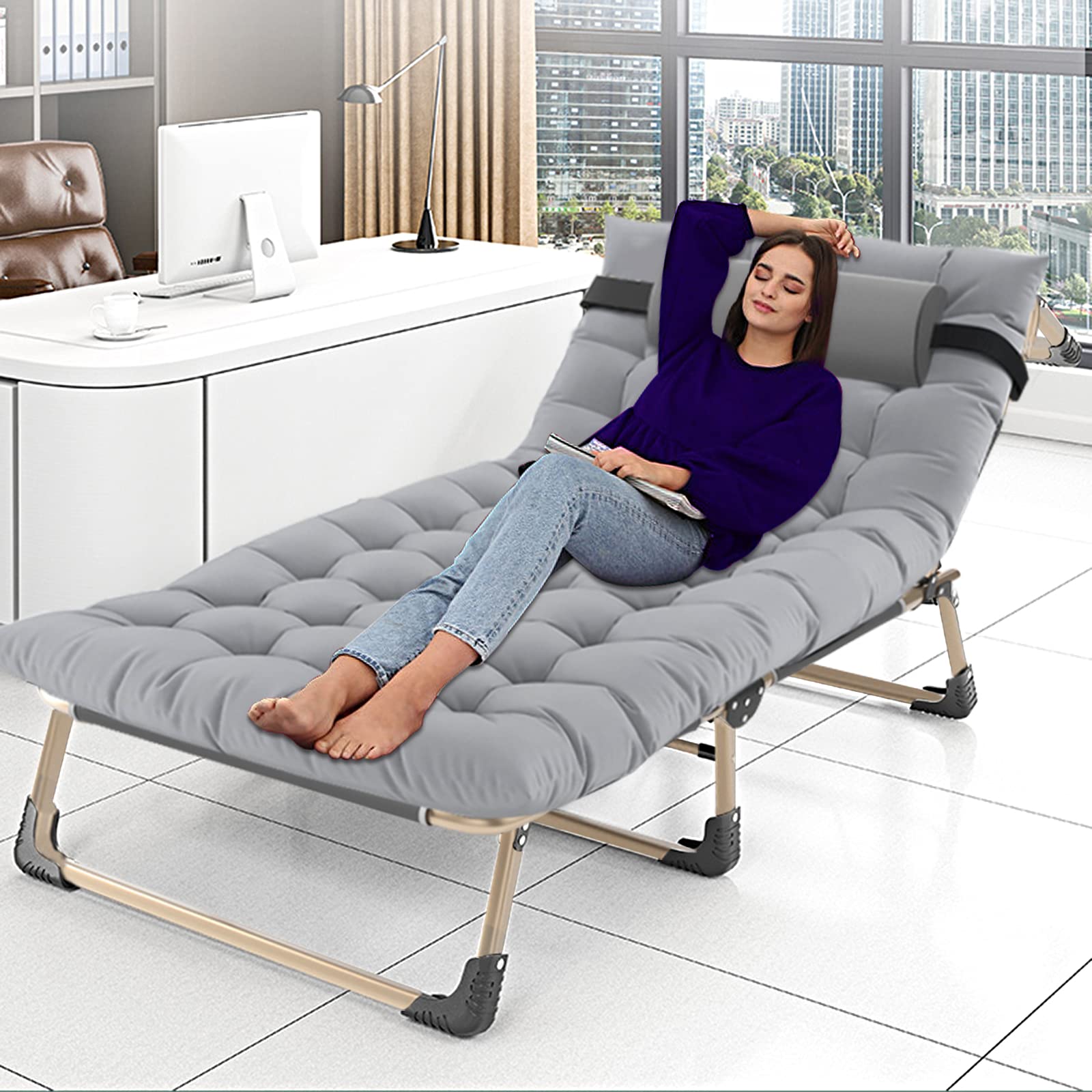 Barbella Folding Lounge Chair, Adjustable 4-Position Adult Reclining Lounge Chair, Portable Folding Chaise with Pillow, Folding Camping Cot Camping Patio Chairs for Pool,Beach,Patio,Sun Tanning