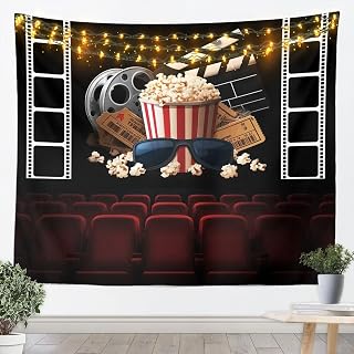 Movie Theme Tapestry Movie Theater Style Wall Tapestry Vintage Cinema Ticket Tapestry Gifts for Boys Girls Kids Filmstrip Printed Home Clapboard Popcorn Print Bedroom Living Room Decor ,51”x59”
