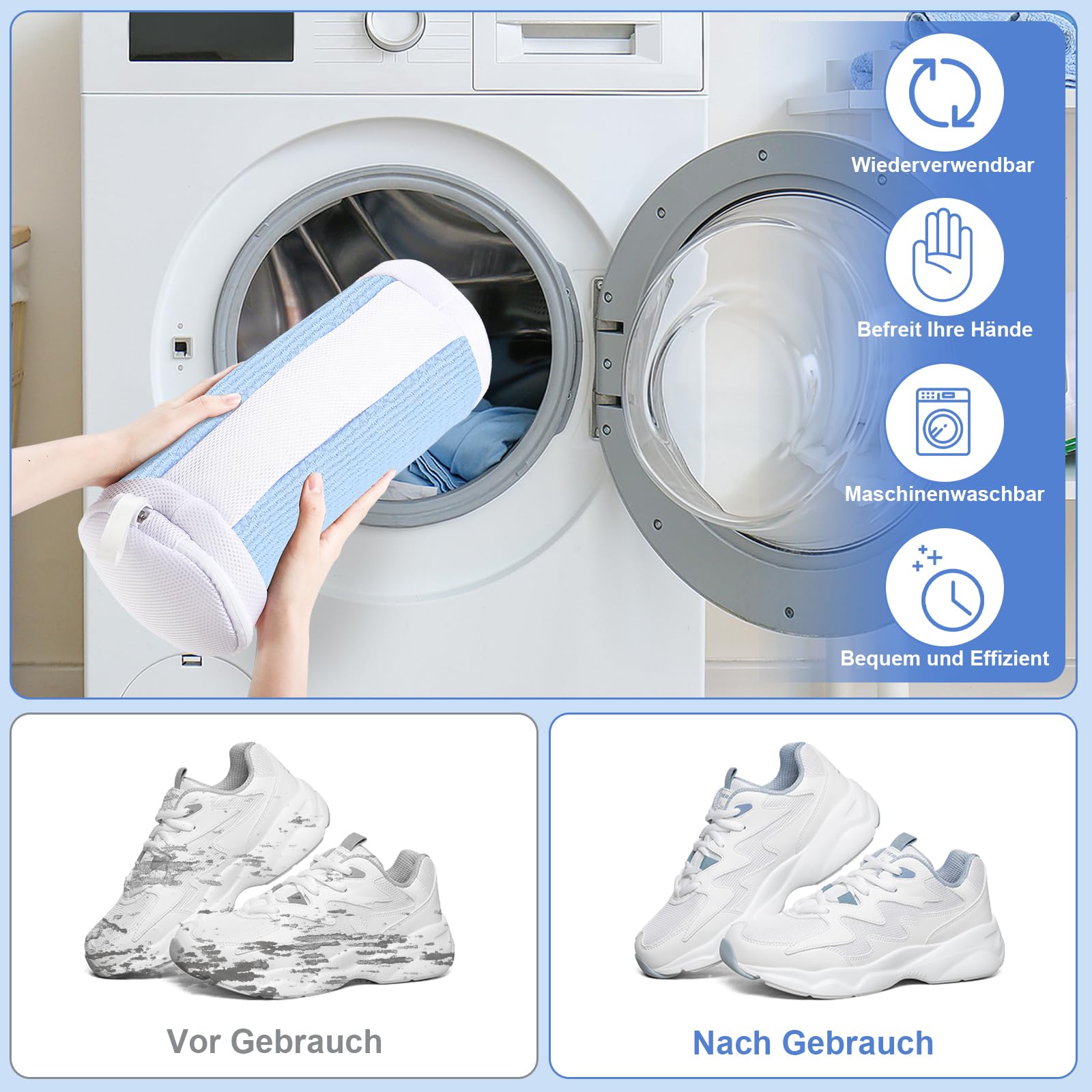 2 stuks schoenwaszakken voor wasmachine, 40 x 20 cm, herbruikbare sneakerwaszak, robuust wasnet met ritssluiting, 360° reiniging en schoenbescherming (grijs