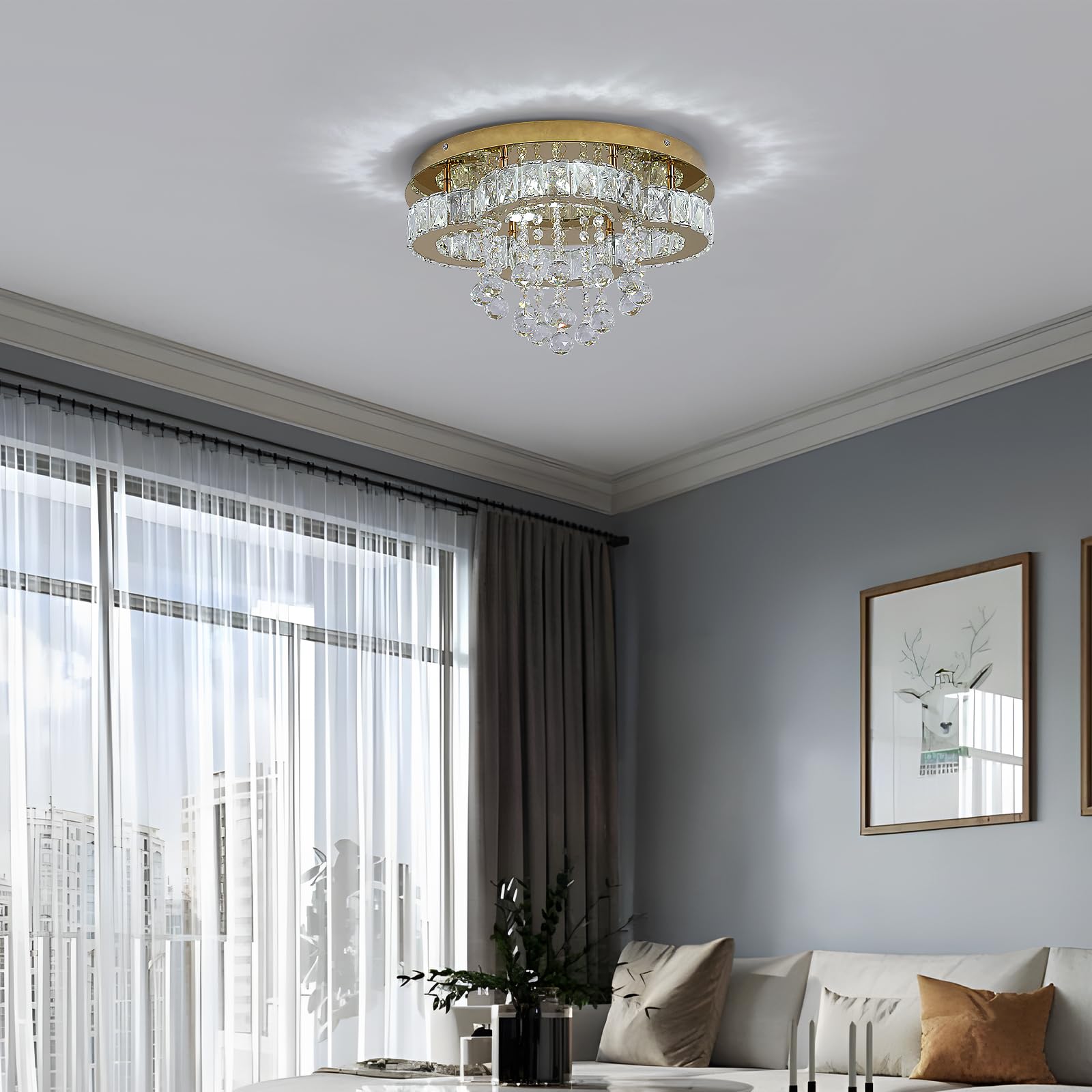 GreeLustr Moderne Kristall Kronleuchter für Wohnzimmer, Variables Licht Deckenleuchte Kristalle mit Elegantem Design für Schlafzimmer Flur Küche, Golden Deckenlampe Kristall für Decke (40cm)
