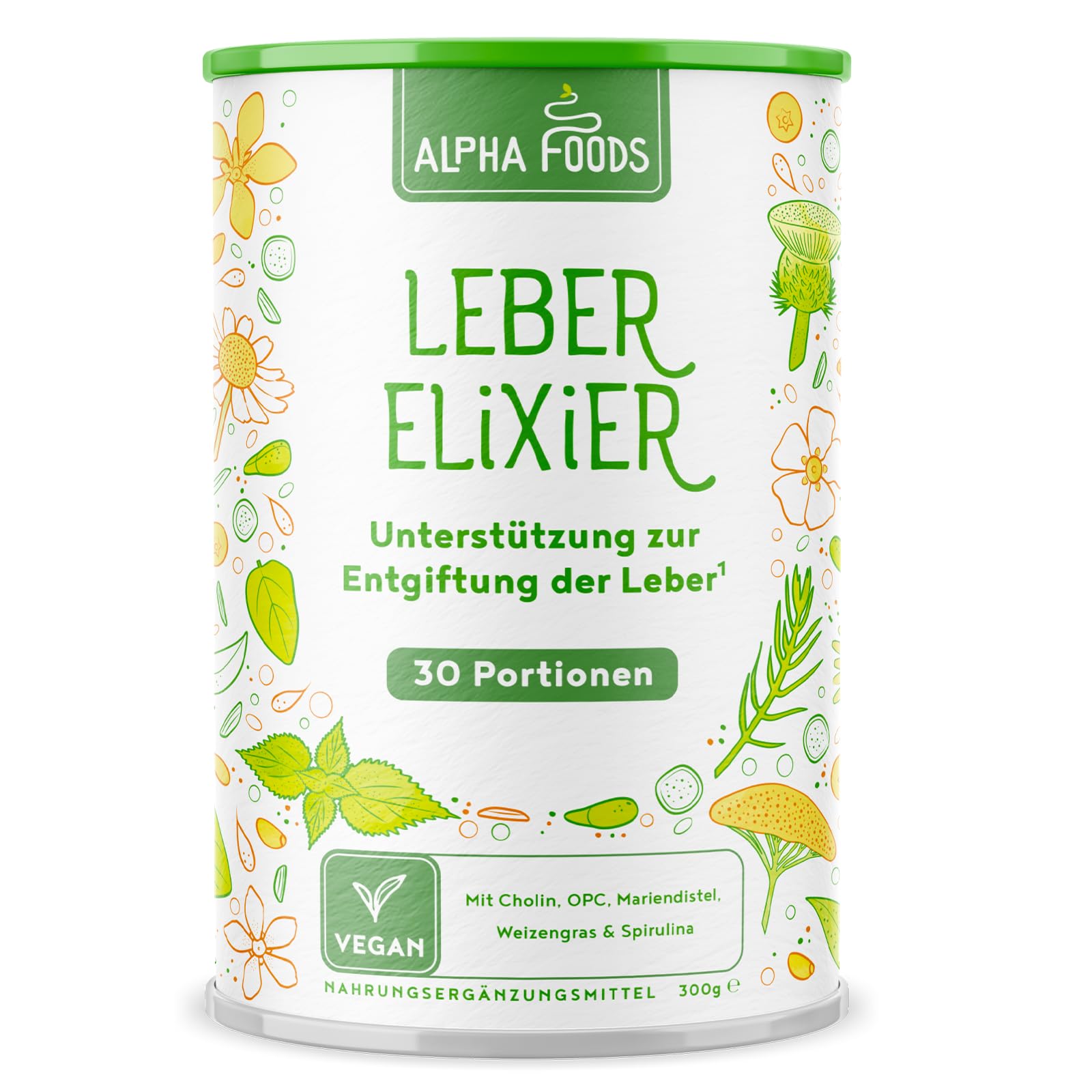 Leber Komplex Elixier 2.0 | 300g Vegan Pulver | Leberkur mit Weizengras, Spirulina, Cholin, Gerstengras, Brennnessel, Mariendistel, Löwenzahn, Chlorella | Alpha Foods