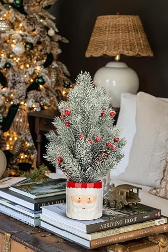 Miniatura 6 de Árbol de Navidad pequeño de 14 pulgadas con aguja de pino artificial en maceta con bola de Navidad y cono de pino en maceta de cerámica de muñeco de