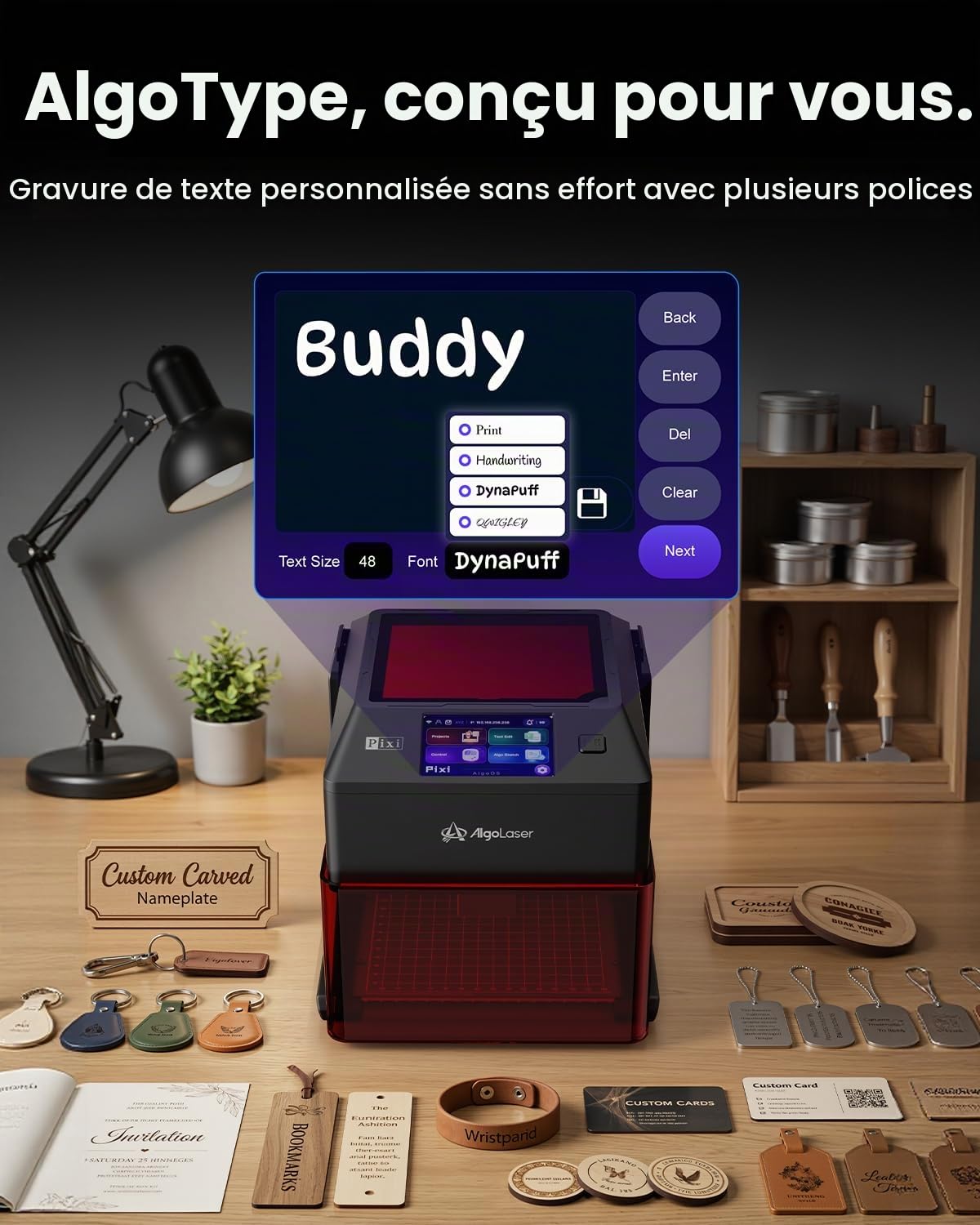 AlgoLaser Pixi – Graveur laser intelligent – Machine de gravure laser portable 10 W avec écran tactile de 3,5 pouces et système AlgoOS et application – Gravure laser pour bois, acrylique, verre