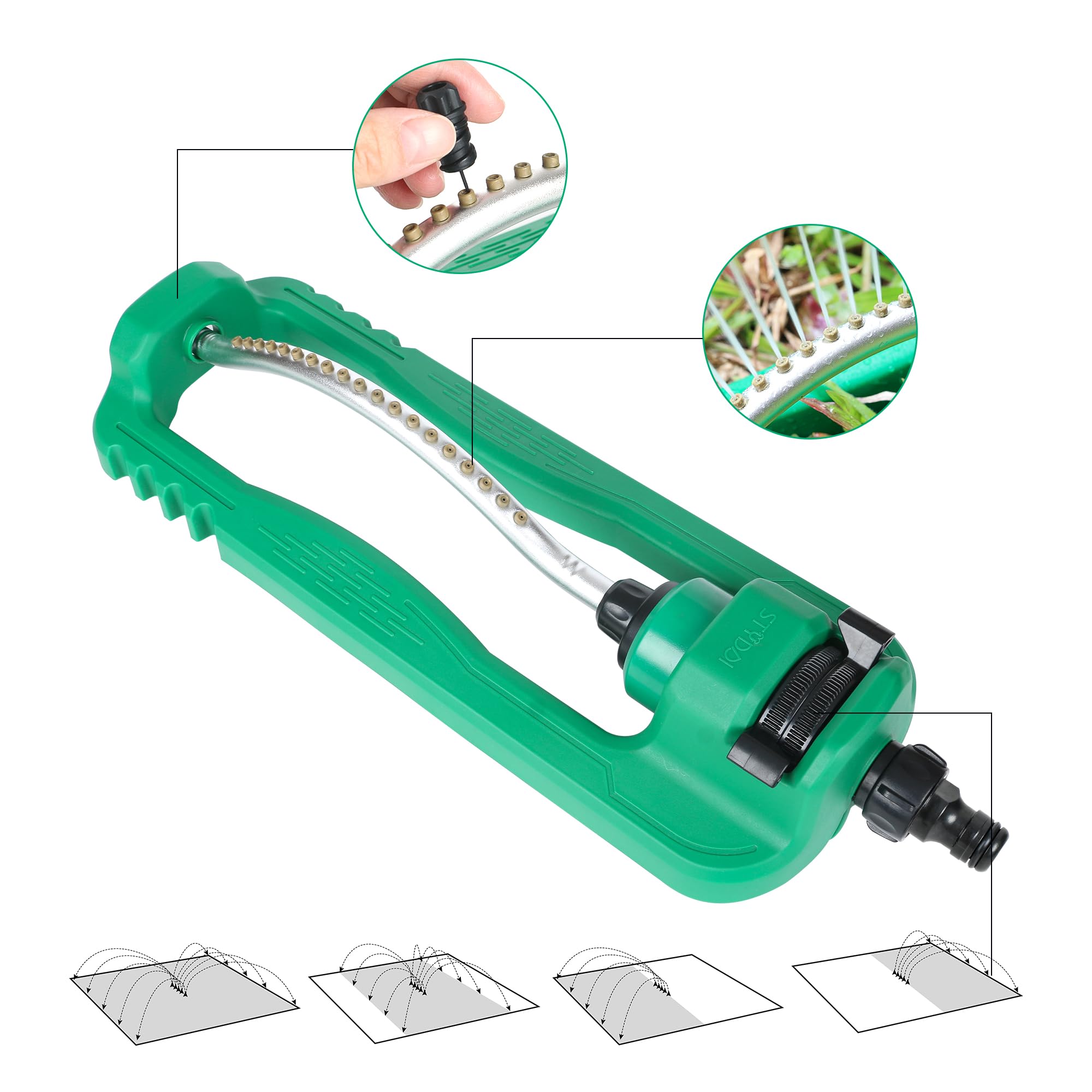 STYDDI Irrigatore oscillante turbo, irrigatore rettangolare regolabile per giardino con base pesante, 19 ugelli di precisione irrigatore da giardino per aree piccole e medie, copre fino a 3.800 piedi