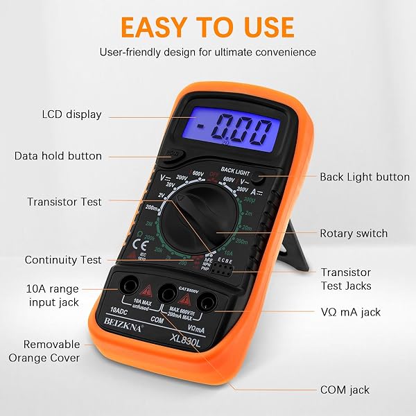 Digital Multimeter Voltmeter Battery Multi Tester Voltage Ohmmeter AC DC Volt OHM Amp Current Meter Continuity Circuit Resistance Diode Electrical Tester Ammeter with LCD Display Backlight - 4