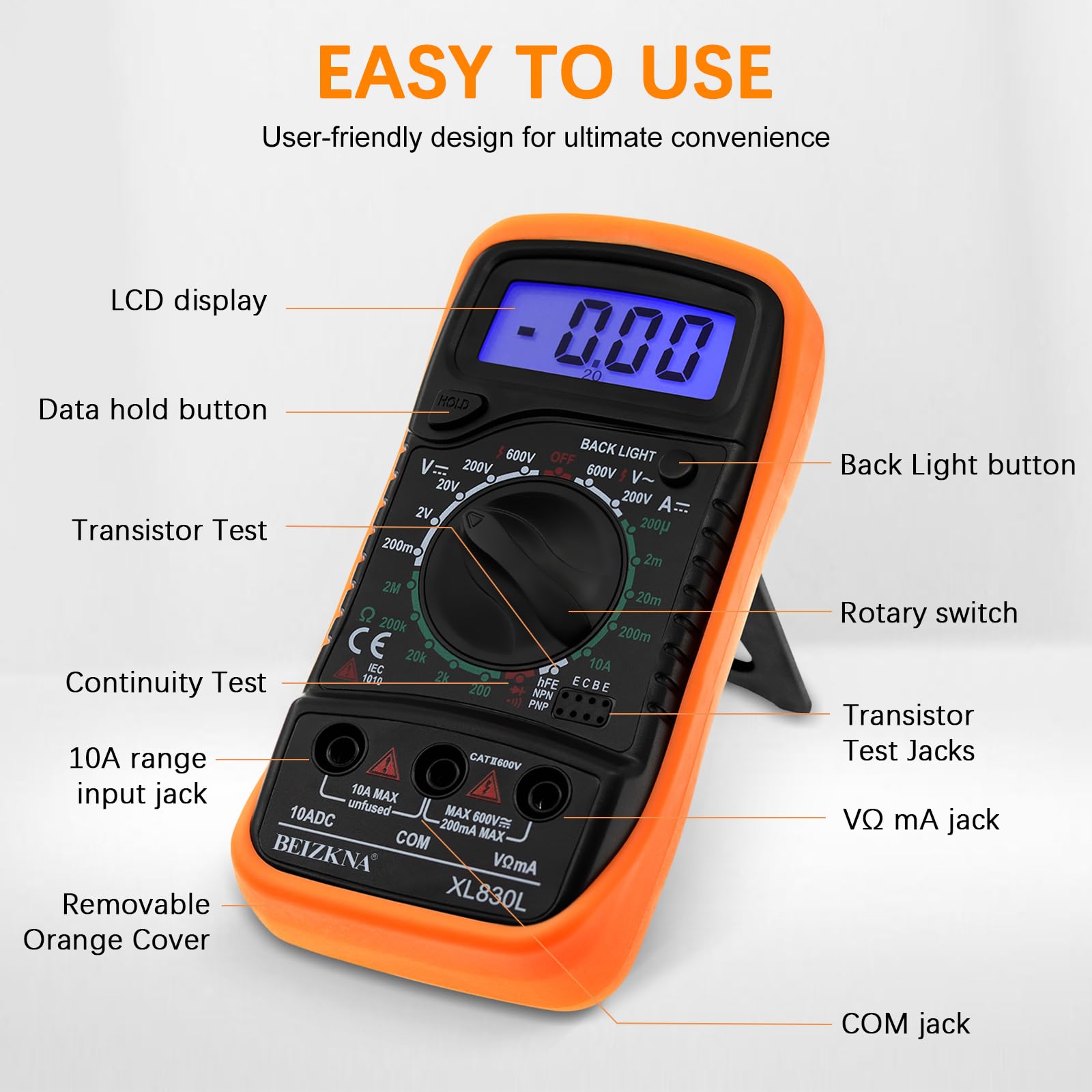 Digital Multimeter Voltmeter Battery Multi Tester Voltage Ohmmeter AC DC Volt OHM Amp Current Meter Continuity Circuit Resistance Diode Electrical Tester Ammeter with LCD Display Backlight — view 4
