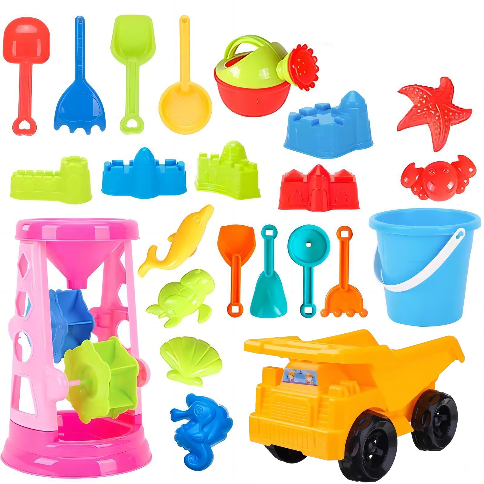23 Pcs Beach Sand Toys Set, Sand Truck & Water Mill Sandpit Set Includes Sand Water Wheel, Sandbox Vehicle, Sand Molds, Bucket, Sand Shovel Tool Kits, Sand Toys for Toddlers Kids Outdoor Play