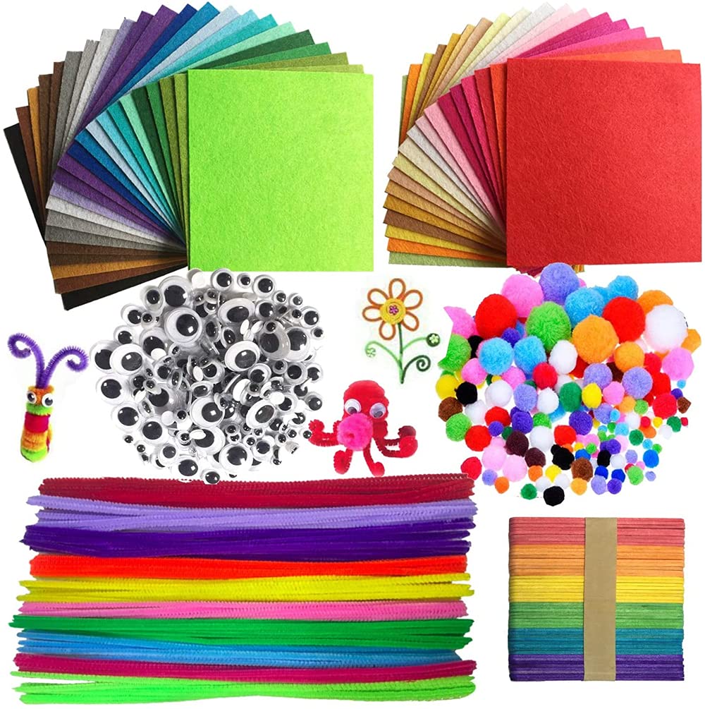 Cartoon Crafts Set, ELECDON DIY Handmade Package Non Woven Fabric, Chenille Stems, Movable Eyes, Pom Poms, Craft Sticks Assorted Colors Fabric Sheets for Craft DIY Art Supplies 600 Pieces