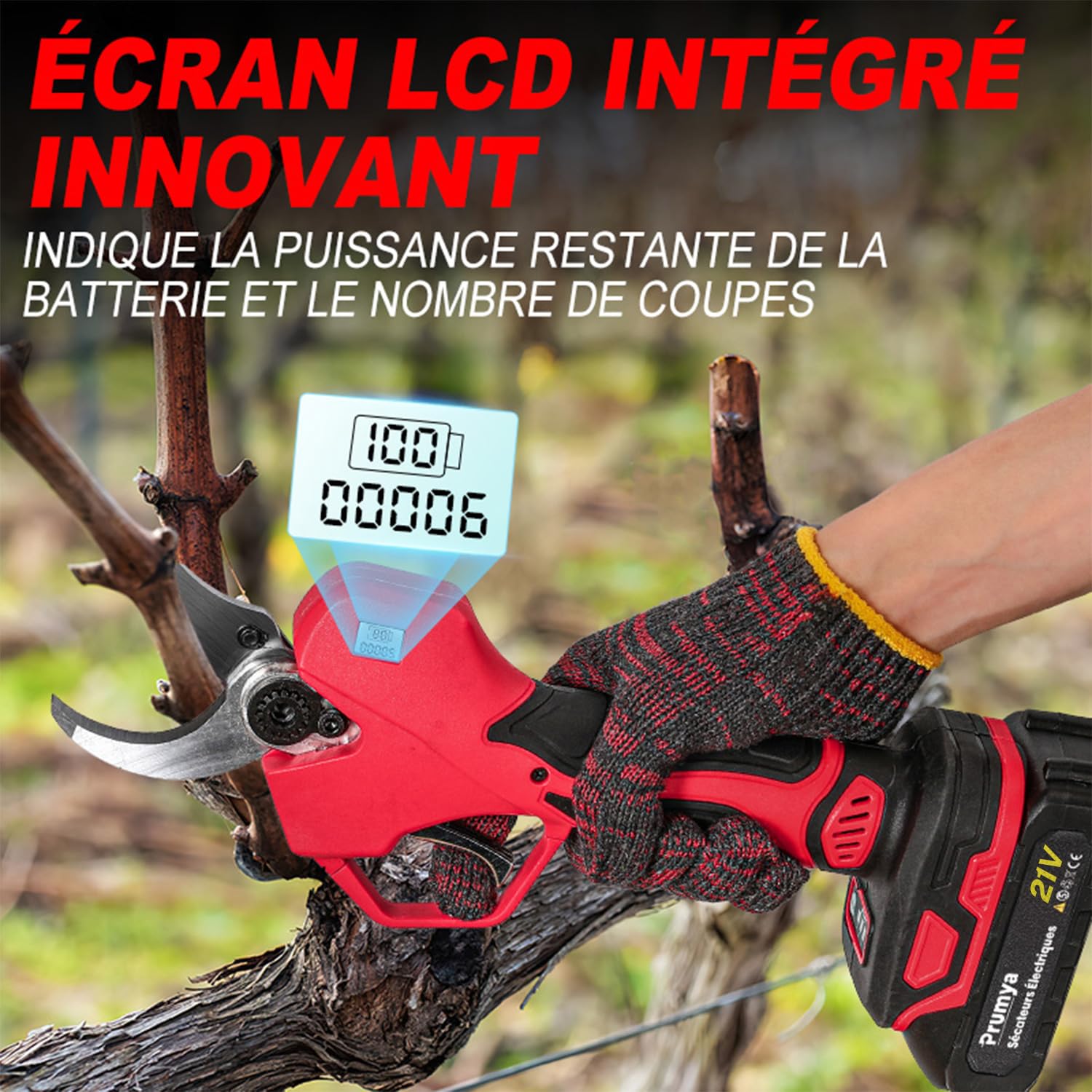 Podadora eléctrica inalámbrica de 50 mm con pantalla LCD | 2 x 1,5 Ah baterías, podadora de batería ligera de 2,9 kg,Potente corte para árboles, jardín