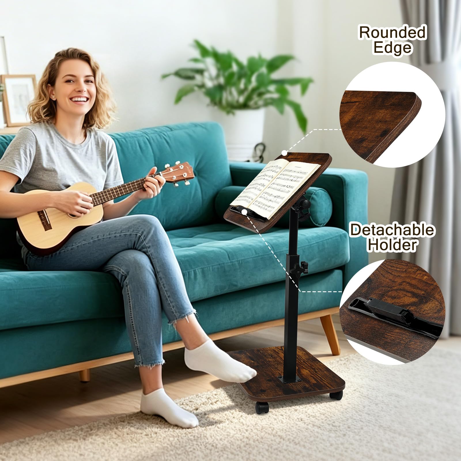 comfoyar Tavolino a Forma di C con Ruote Regolabile in Altezza(43-78cm), Girevole 360° Tavolino di Divano con Slot per Telefono e Tablet, Tavolino da Caffè Legno per Letto Soggiorno, Piccolo Spazio