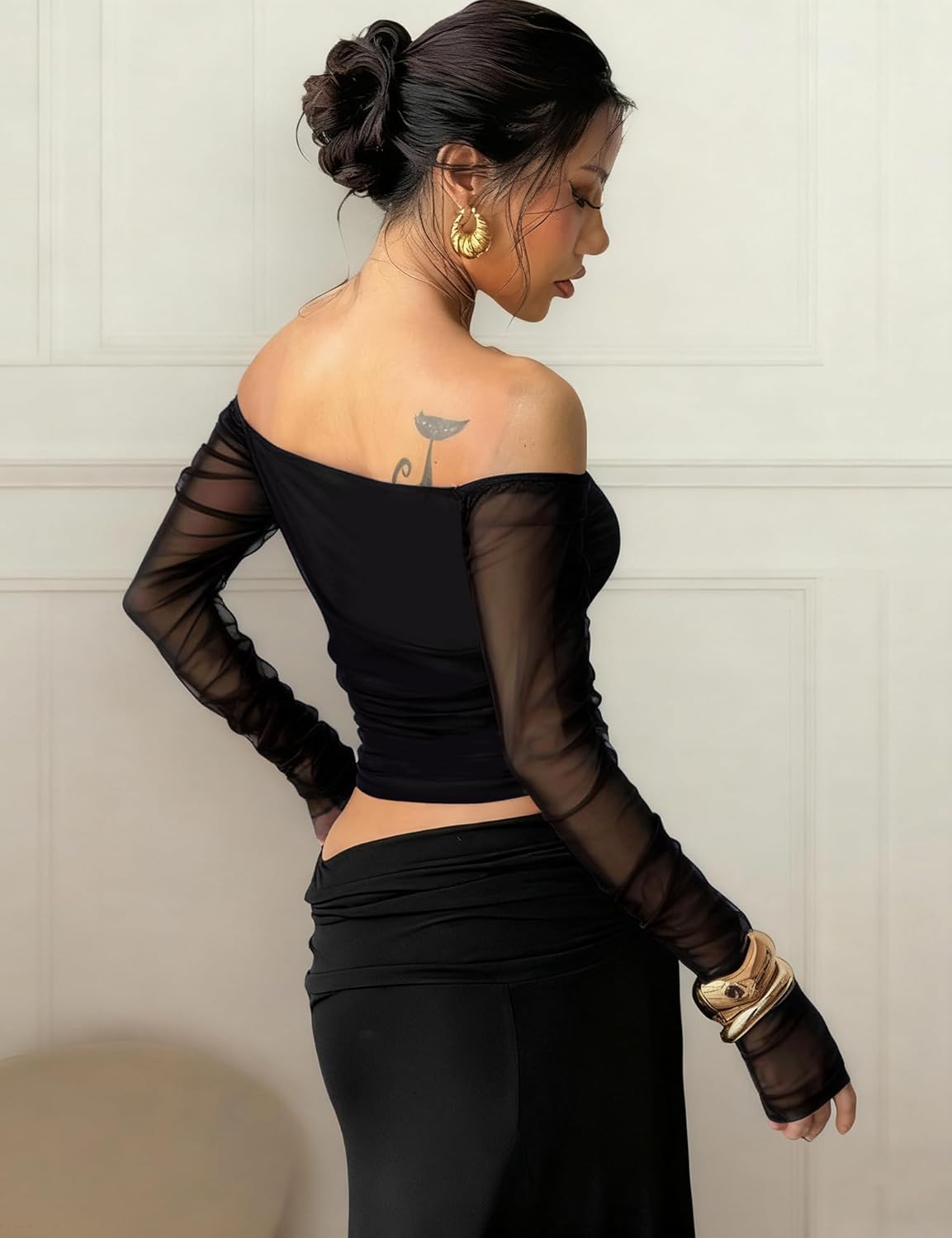 Velius Women's Off The Shoulder Long Sleeve Slim Fit Y2k Cami Mesh Crop Tops for Night Club Party - Image 2