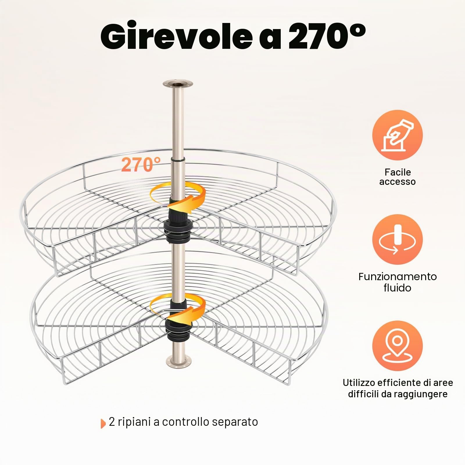 Carrello per Pentole per Armadio da Cucina, 270° Ripiano Girevole per Armadio da Cucina ad Angolo a 2 Ripiani, Cassetto per Pentole, Armadio da Cucina ad Angolo, Larghezza 71cm