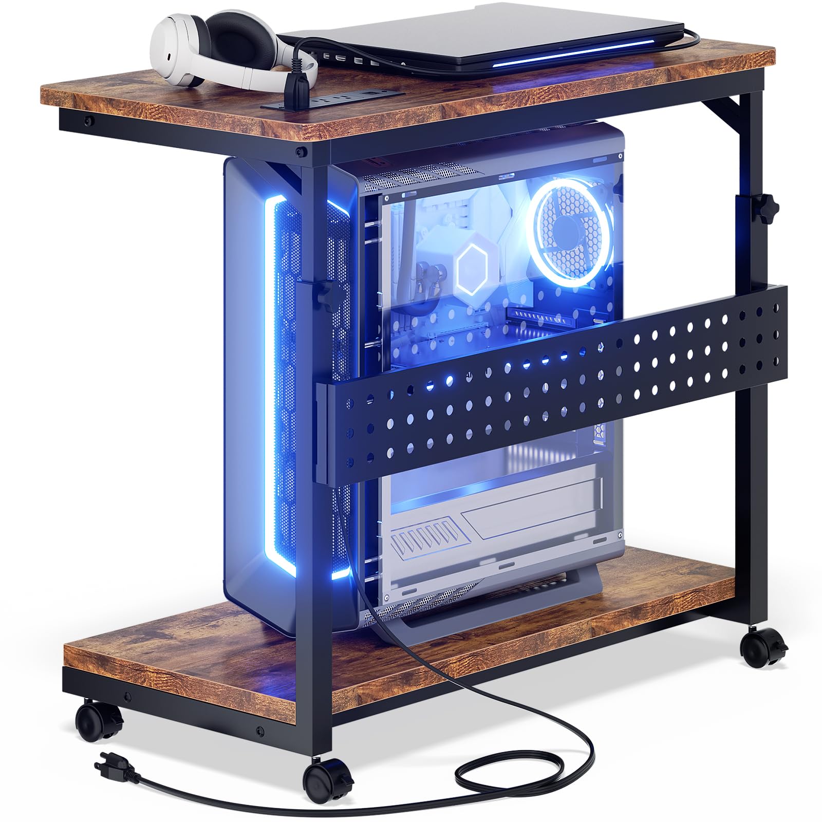 Besiost Computer Tower Stand with Power Strips, 4 Levels Manual Height Adjustable PC Tower Stand for Under Desk, Mobile Rolling CPU Holder, Computer