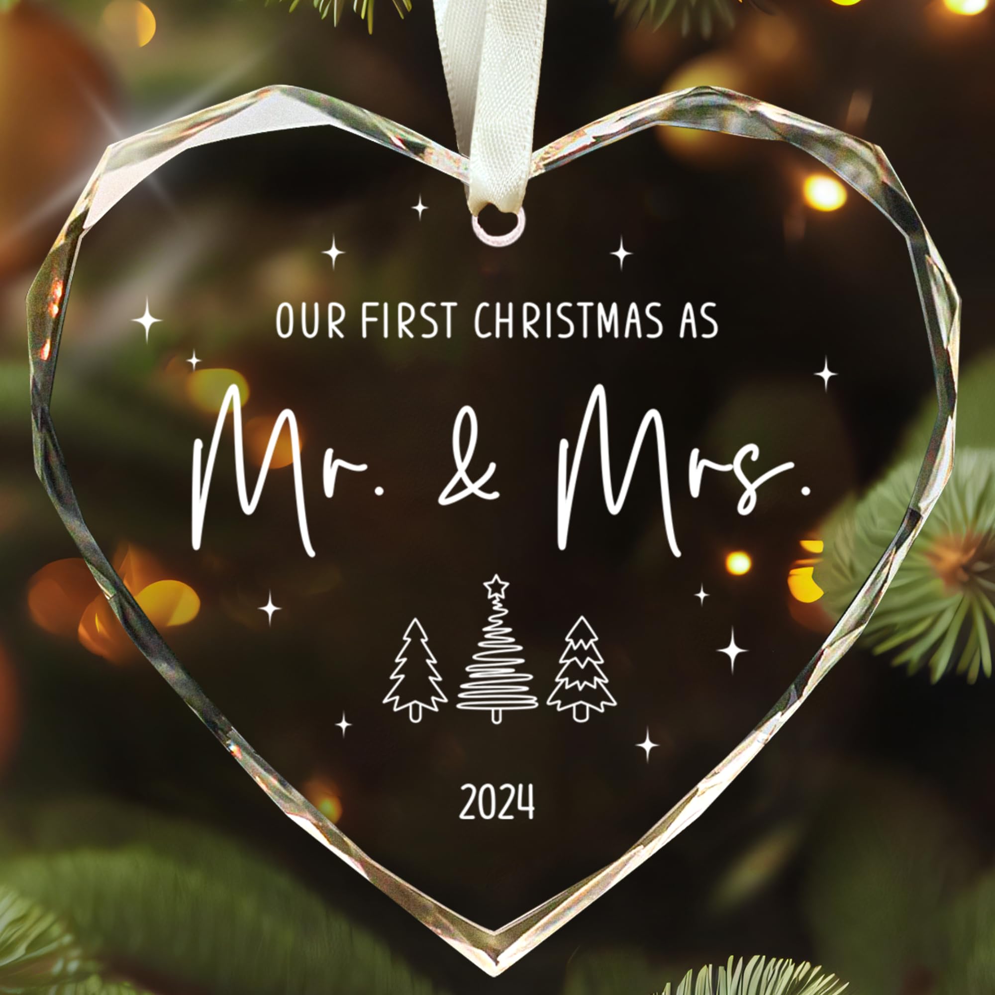 First Christmas Married Ornament 2024 - Wedding Gifts, Mr and Mrs Gifts - Heart-Shaped Glass Ornament