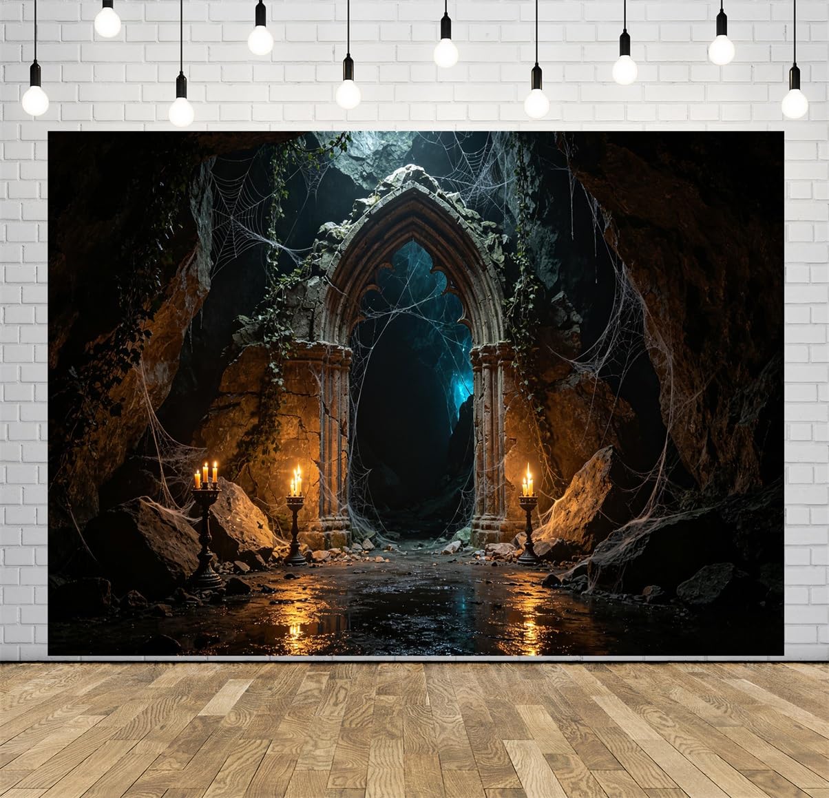 BELECO 6x3m Sfondo in tessuto Grotta Gotica Sotterranea Infestata | Grotta Ad Arco In Pietra Antica Luce Di Candele Ragnatela Sfondo Festa Halloween Telo Di Sfondo