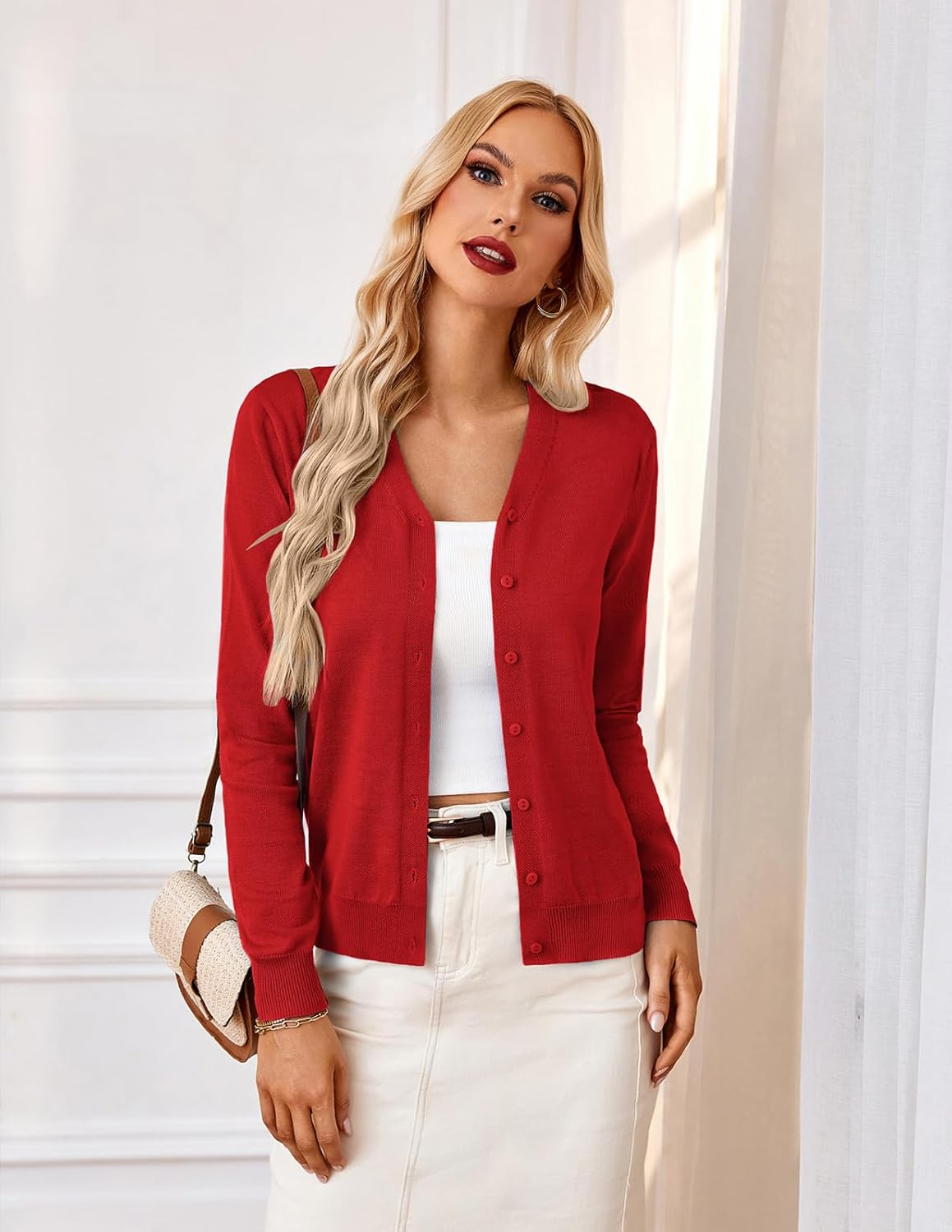 GRACE KARIN Women's Long Sleeve Button Down Vee Neck Classic Sweater Knit Cardigan - Image 4