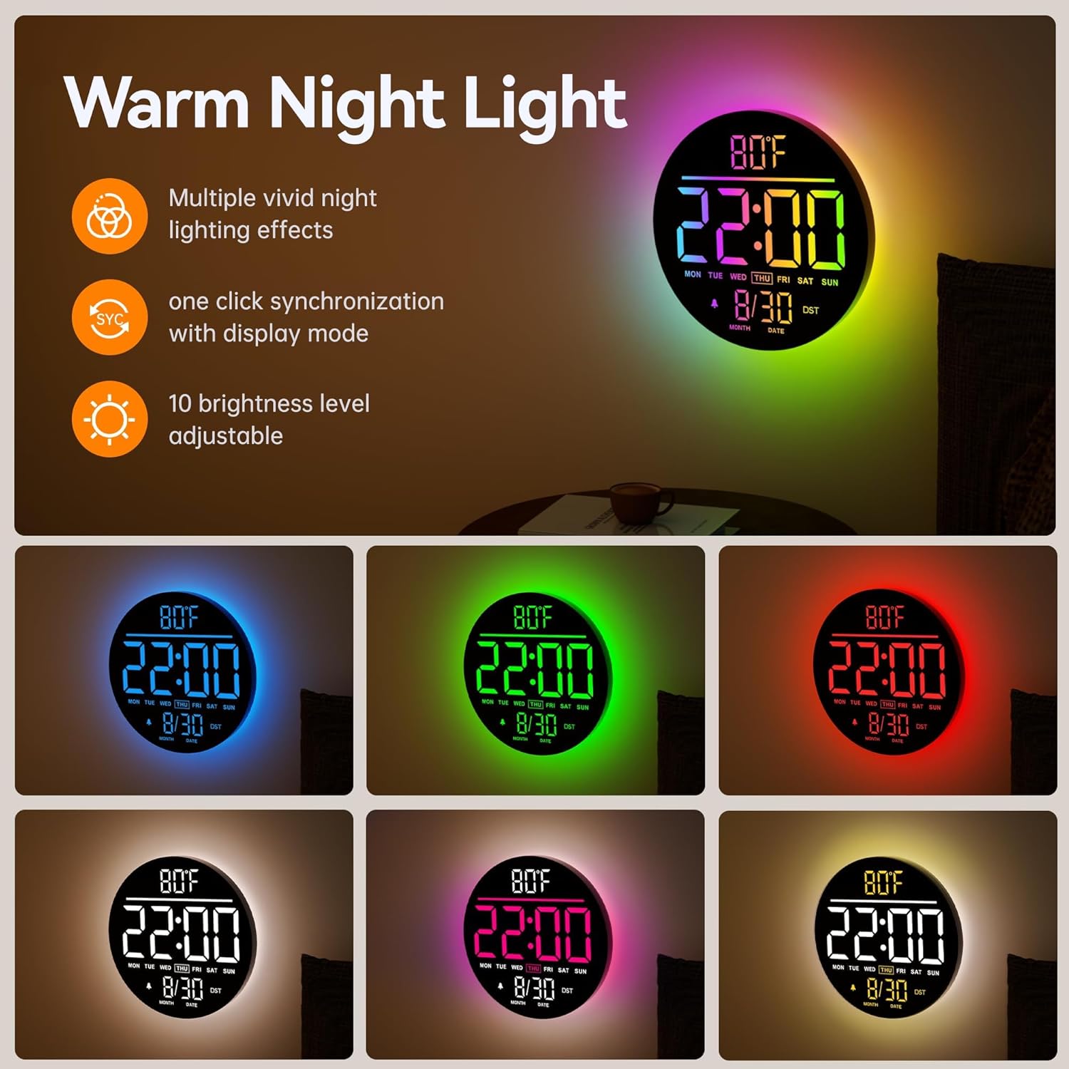 JALL 10" Large Digital Wall Clock with Seconds, Alarm Countdown Timer, Big LED Display, RGB Color, DST, Temperature, Mounted for Bedroom Living Room Office Classroom Gym, Xmas Birthday Gift, White