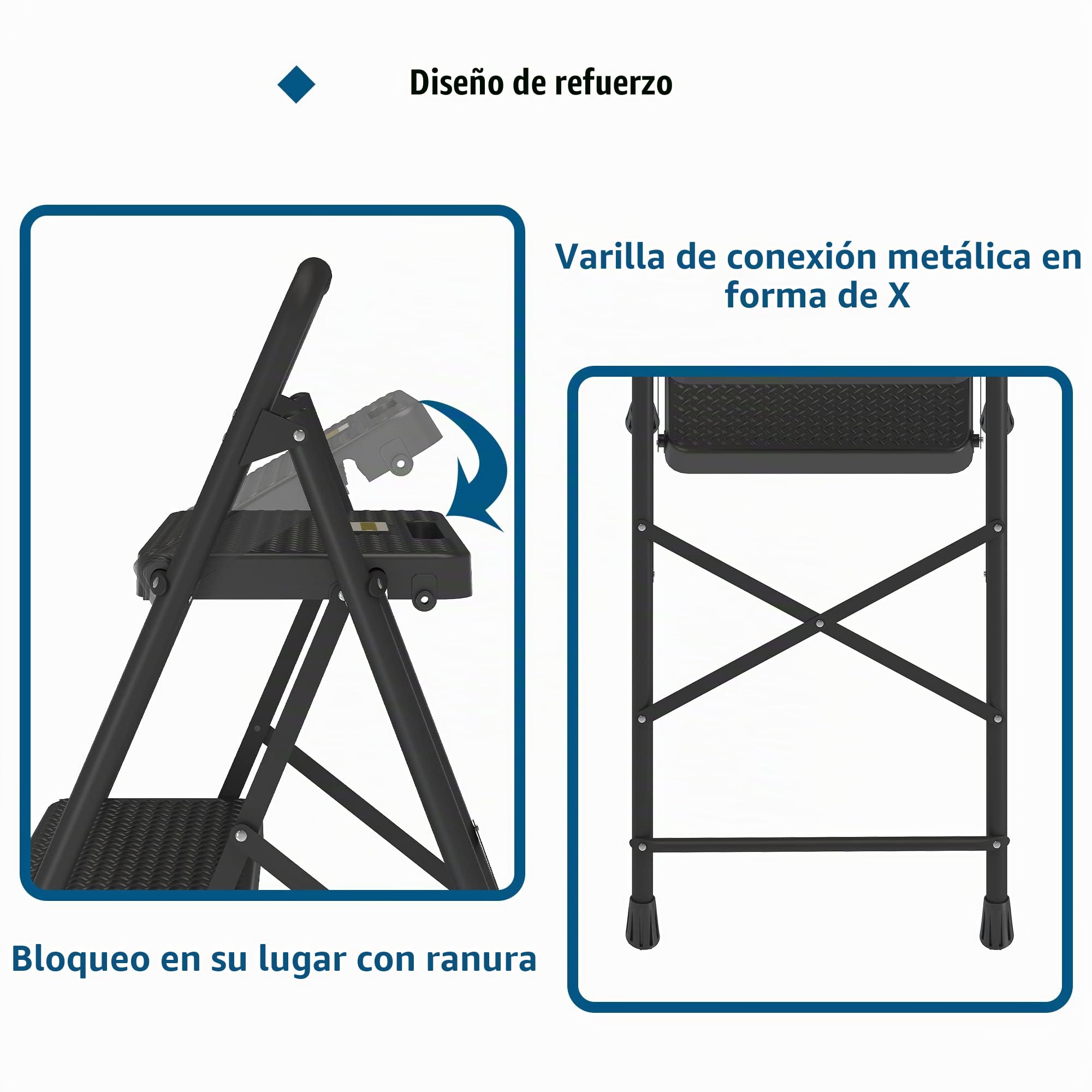 BONTEC Escaleras Plegables de 3 Escalones, Capacidad de 150KG con Pedales Antideslizantes Anchos, Taburete Escaleras de Mano de Acero, Manubrio de Esponja, Uso en Interiores y Exteriores, Negro