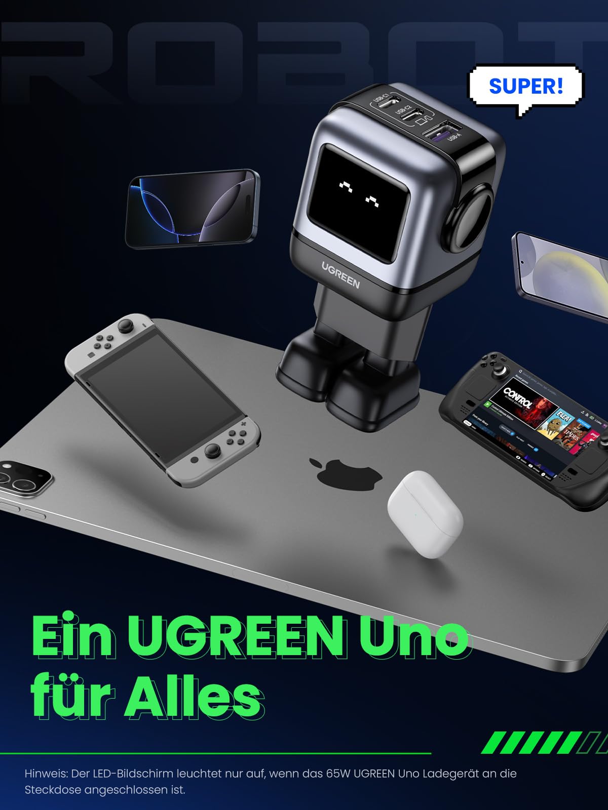 UGREEN UNO USB C Ladegerät, 65W USB C Netzteil 3-Port GaN Schnellladegerät LED Display kompatibel mit MacBook Pro/Air, iPad, iPhone 17 Pro Max, 15 16, Galaxy S25 Ultra, Steam Deck (Schwarz)