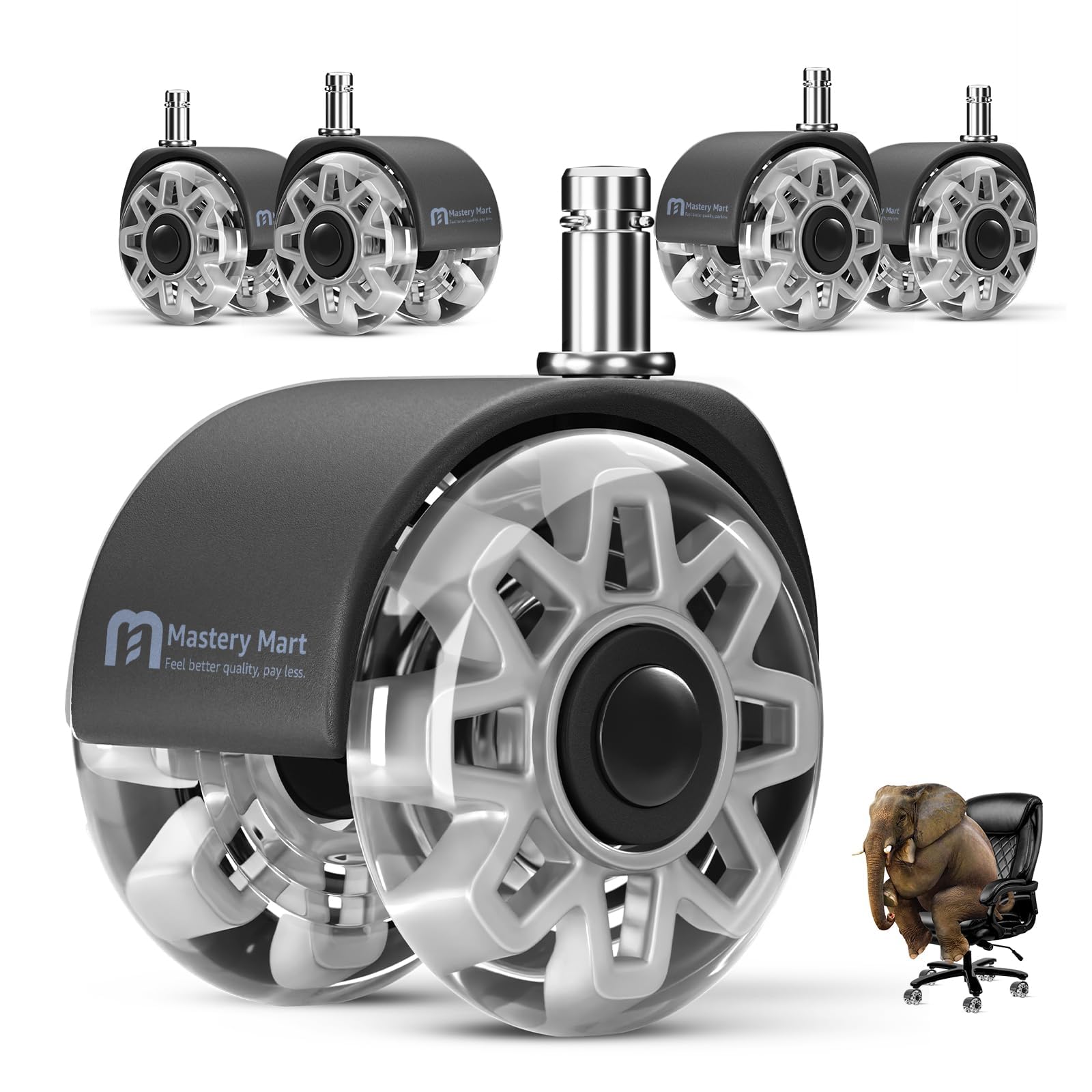 Mastery Mart Juego de 5 ruedas para silla de oficina, 60 mm, ruedas para suelo duro, 11 mm x 22 mm, aptas para el 98% de todas las ruedas, no para 1KEA, gris