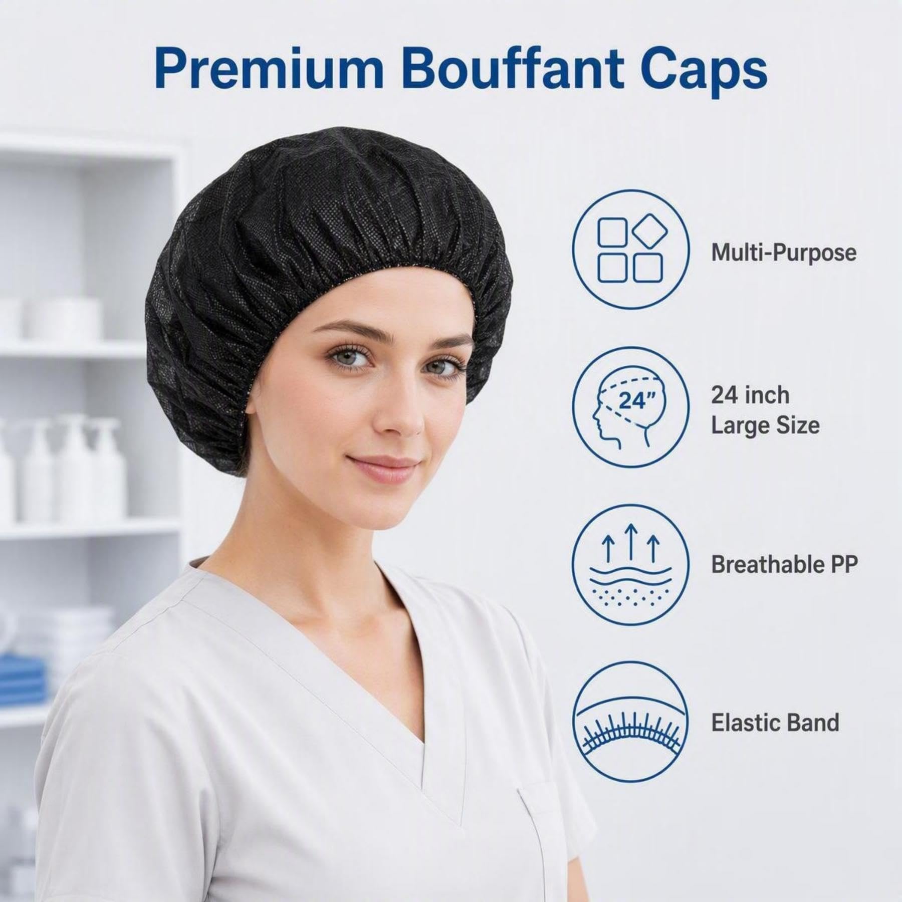 Lot de 100 Bonnets bouffants jetables Noirs de 61 cm, Noir Lot de 100, 61 cm