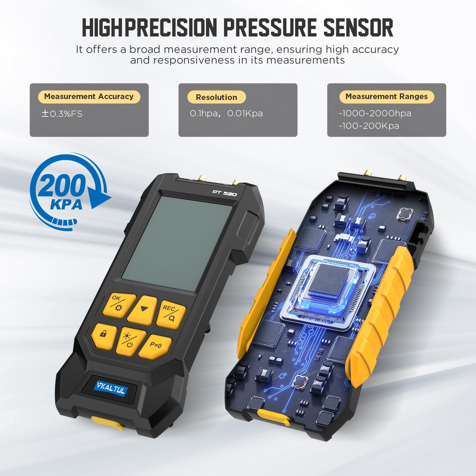 Manómetro de presión digital,Manómetro de presión de aire comprimido con valor de alta precisión, 10 lecturas, 29 almacenamiento de datos,Múltiples adaptadores de medición, -100~200Kpa